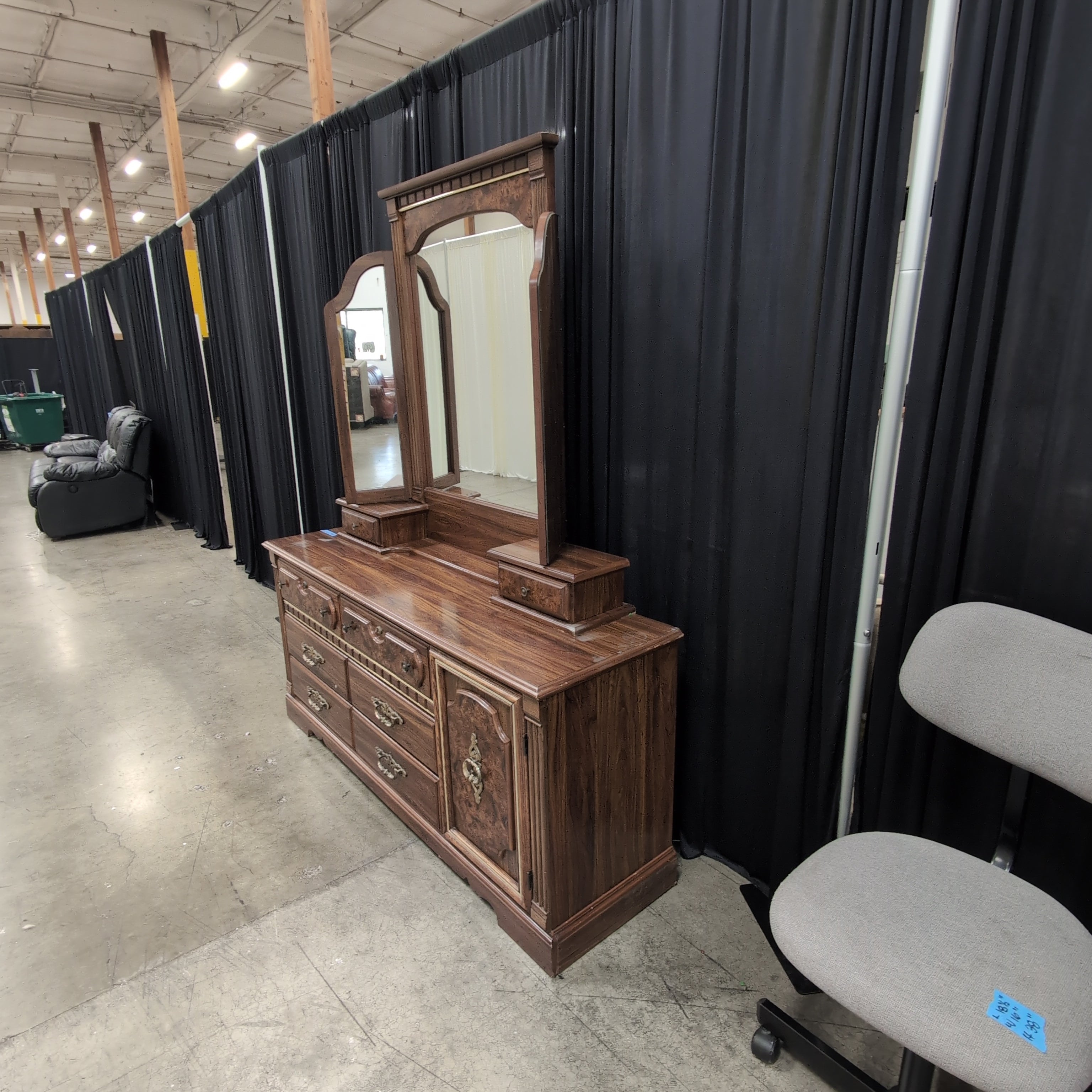 Traditional Dark Wood Dresser with Triple Mirror