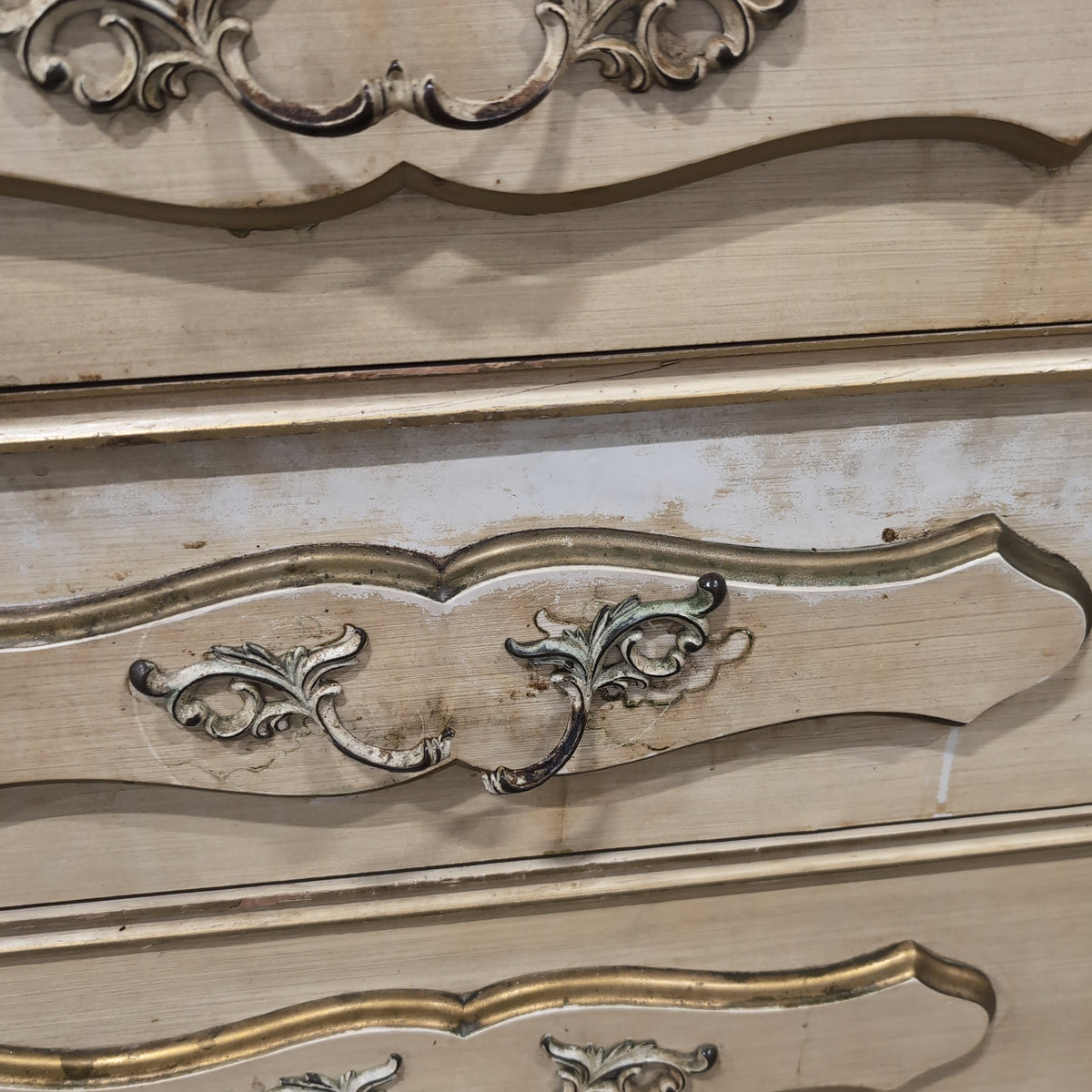Beige French Provincial Wood Dresser with Ornate Hardware