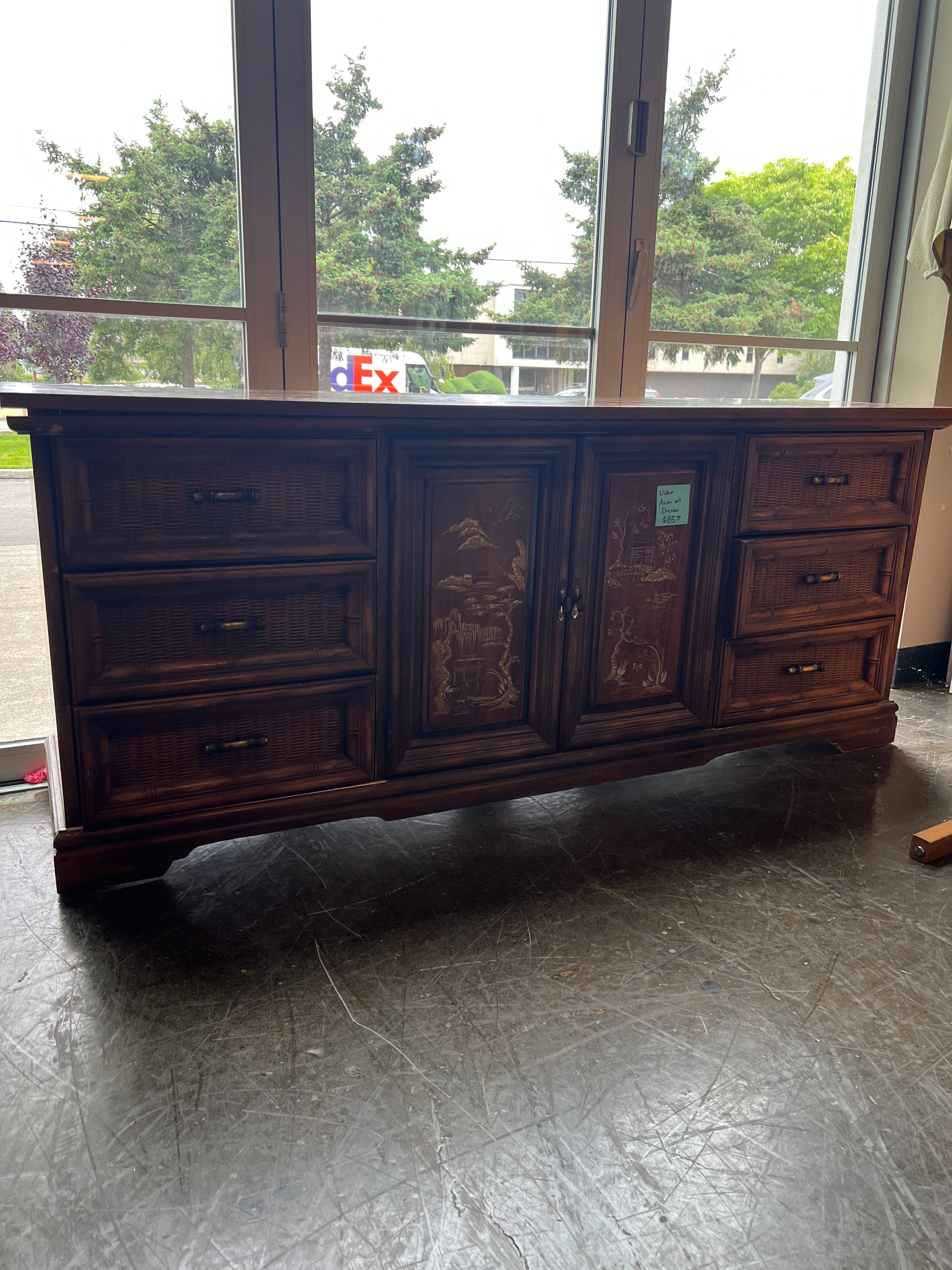 Vintage Bamboo Style Dresser with Carved Panels