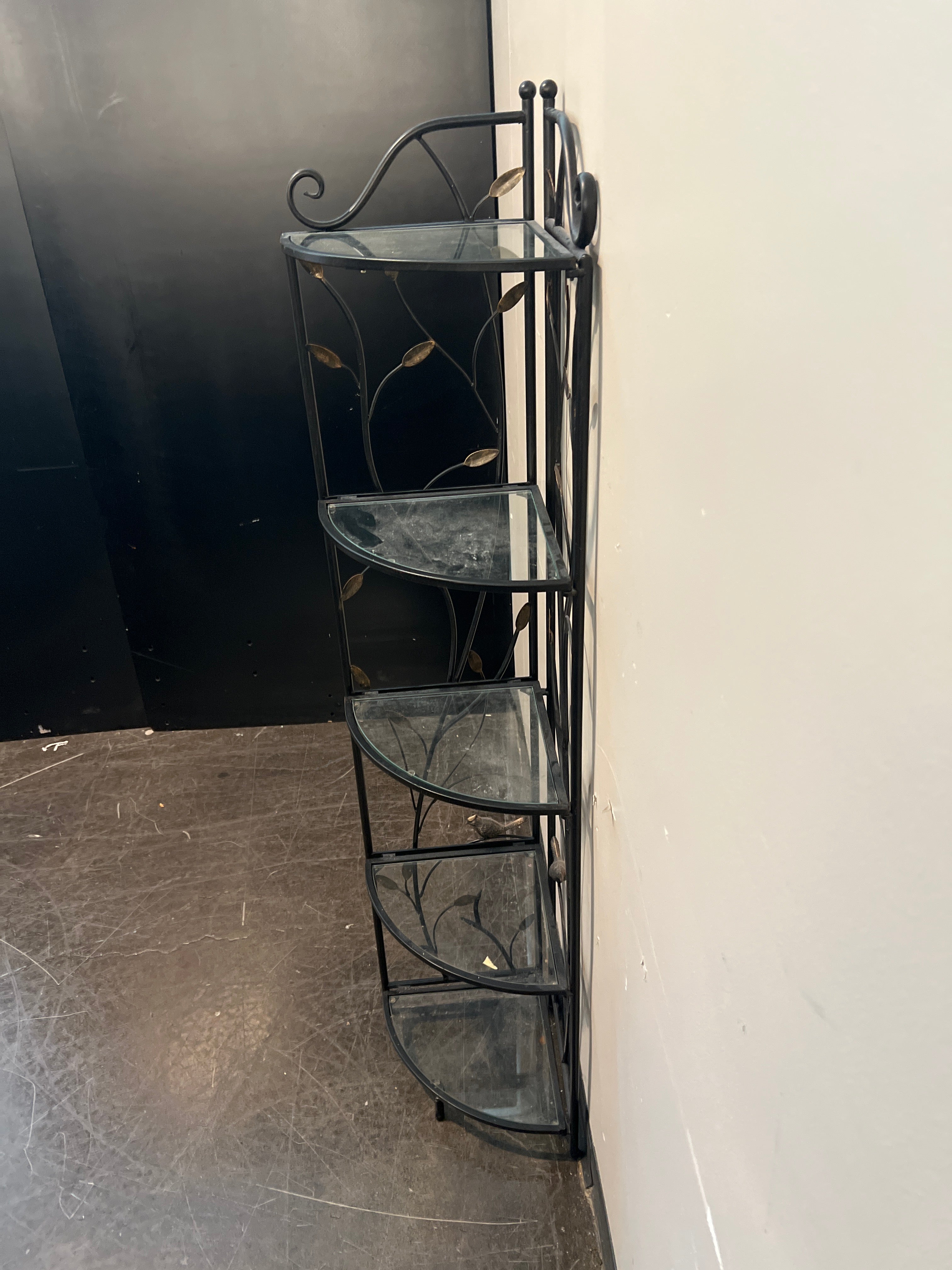 Wrought Iron and Glass Corner Shelf with Leaf Detail