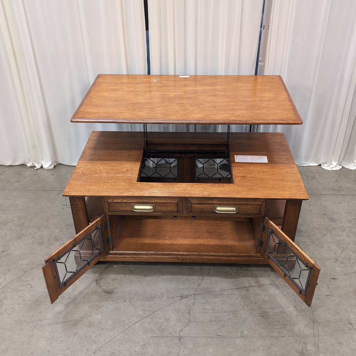 Brown Wood Coffee Table with Patterned Glass Doors