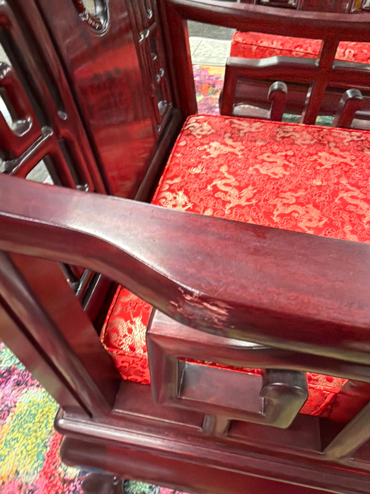 Vintage Chinese Rosewood Armchair, Hand Carved Dragon Medallion and Key Fret, Red Silk Cushion