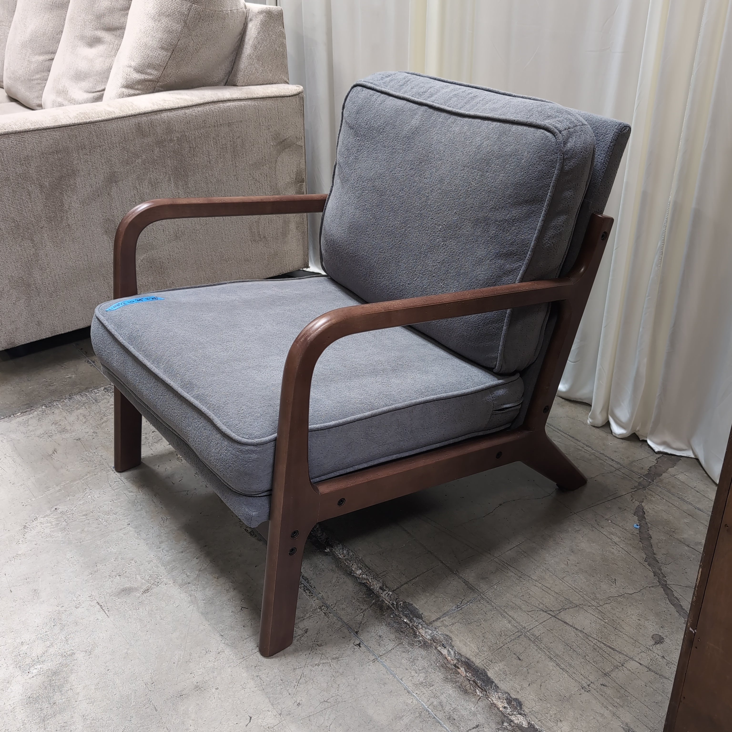 Mid-Century Style Gray Fabric Accent Chair with Wood Arms