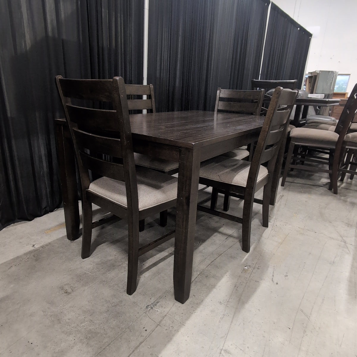 Dark Brown Hardwood Dining Table with Upholstered Seats