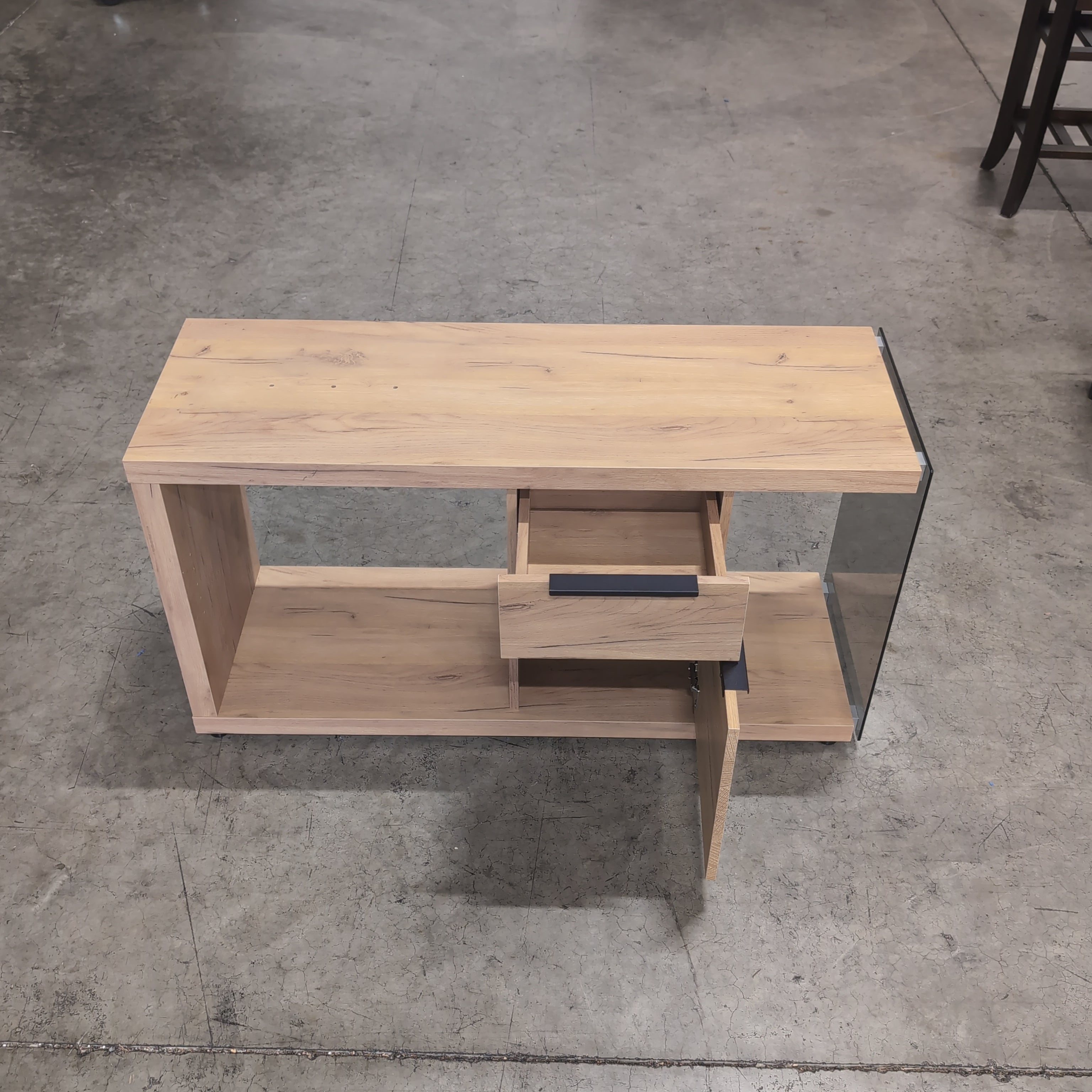 Modern Light Wood TV Stand with Glass Panel