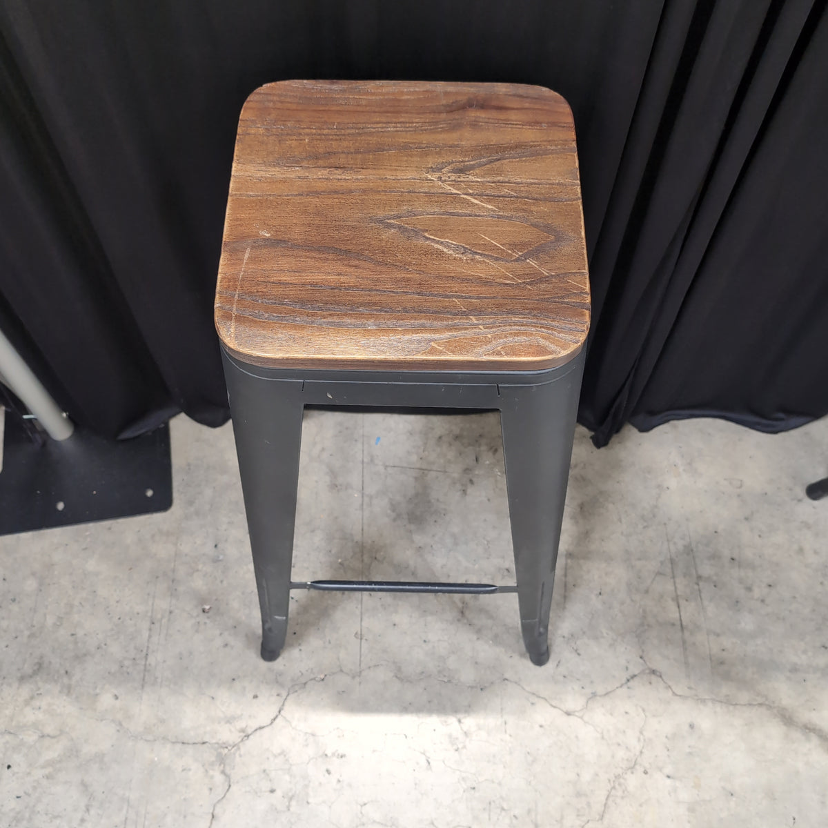Industrial Dark Gray Metal Stool with Wood Top