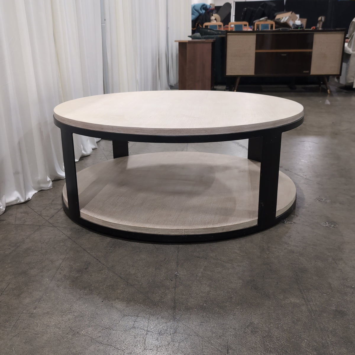 Round Two-Tier Coffee Table with Black Metal Frame