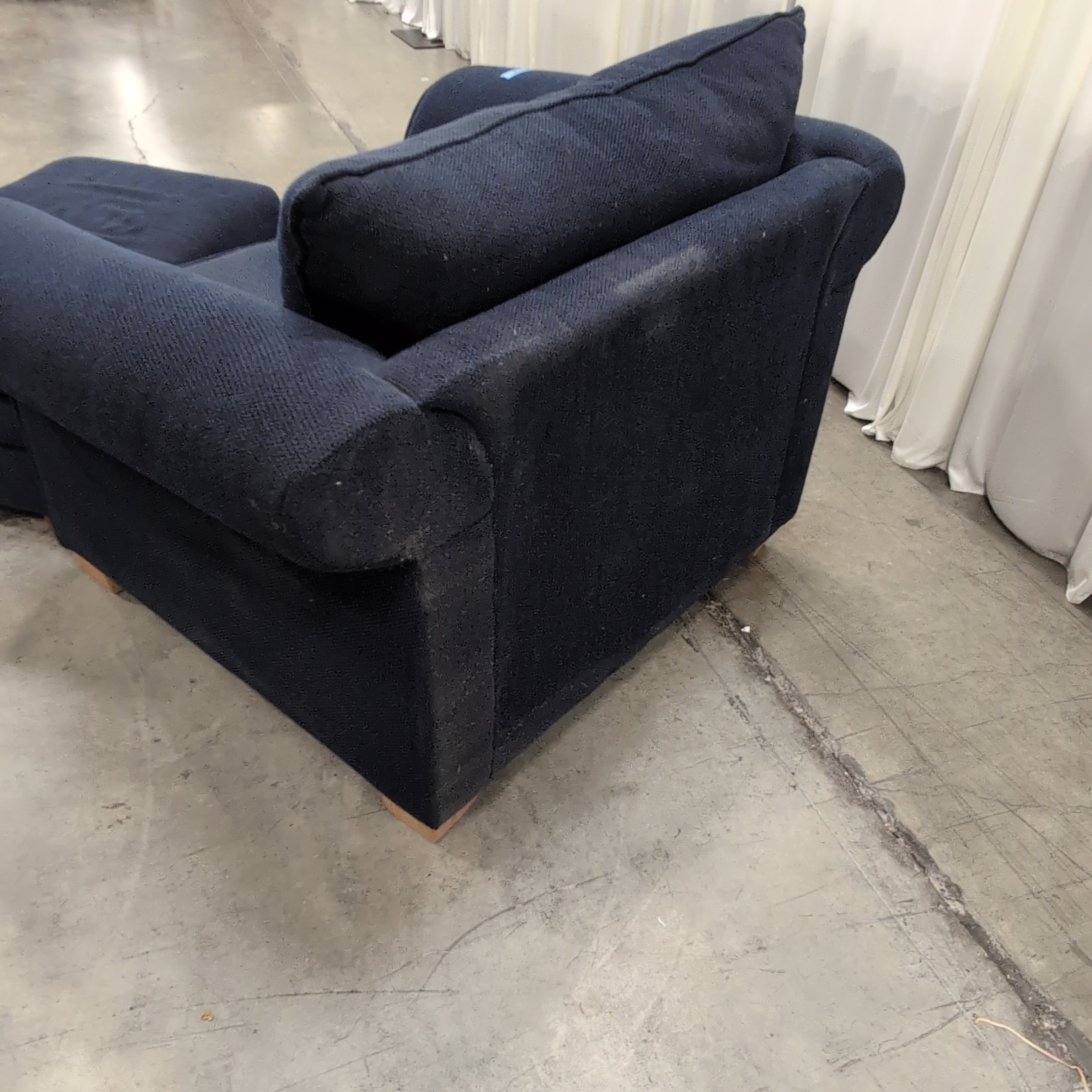 Navy Fabric Rolled Arm Chair with Matching Ottoman