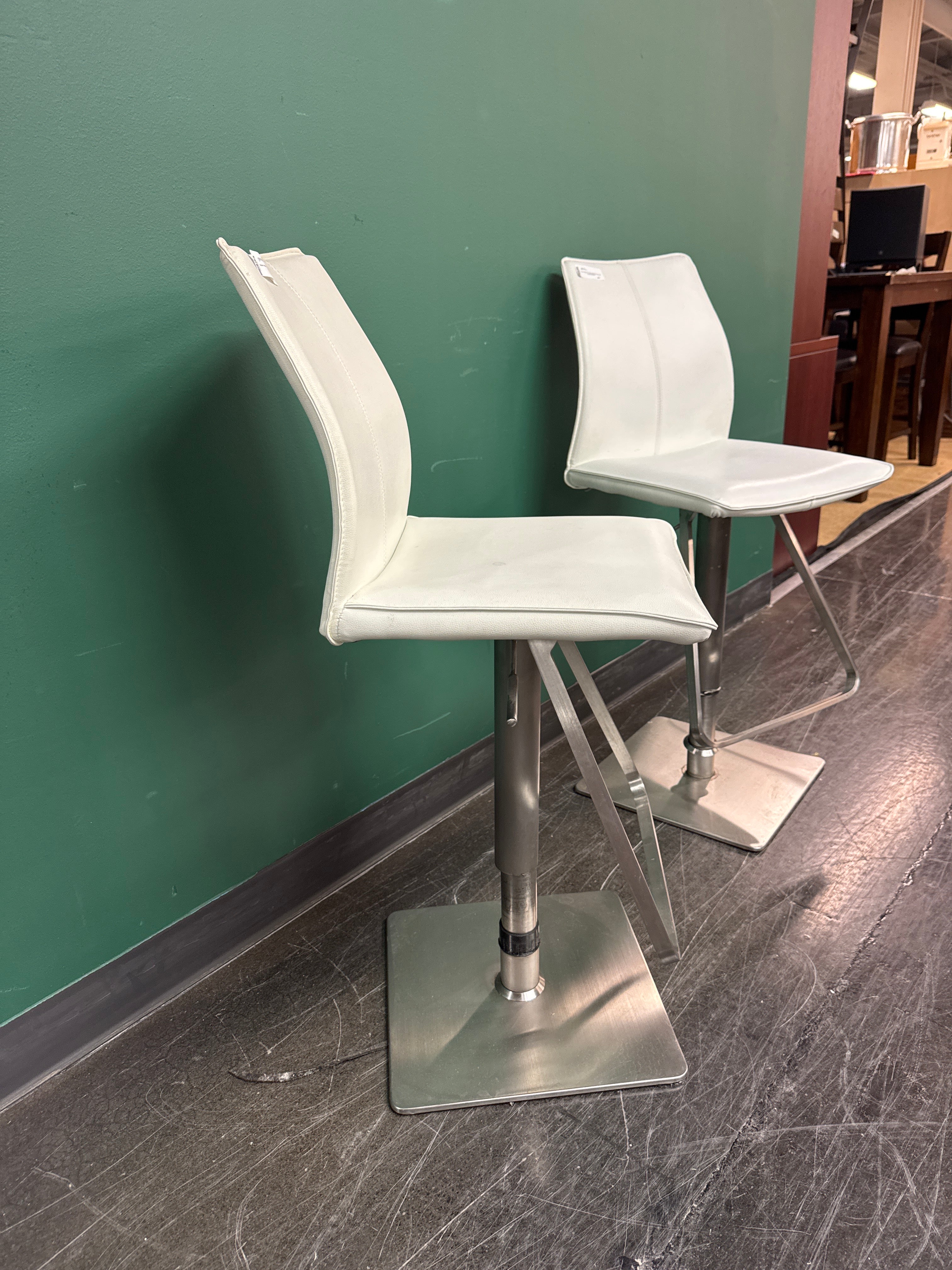 Modern White Faux Leather Adjustable Bar Stool with Brushed Metal Base