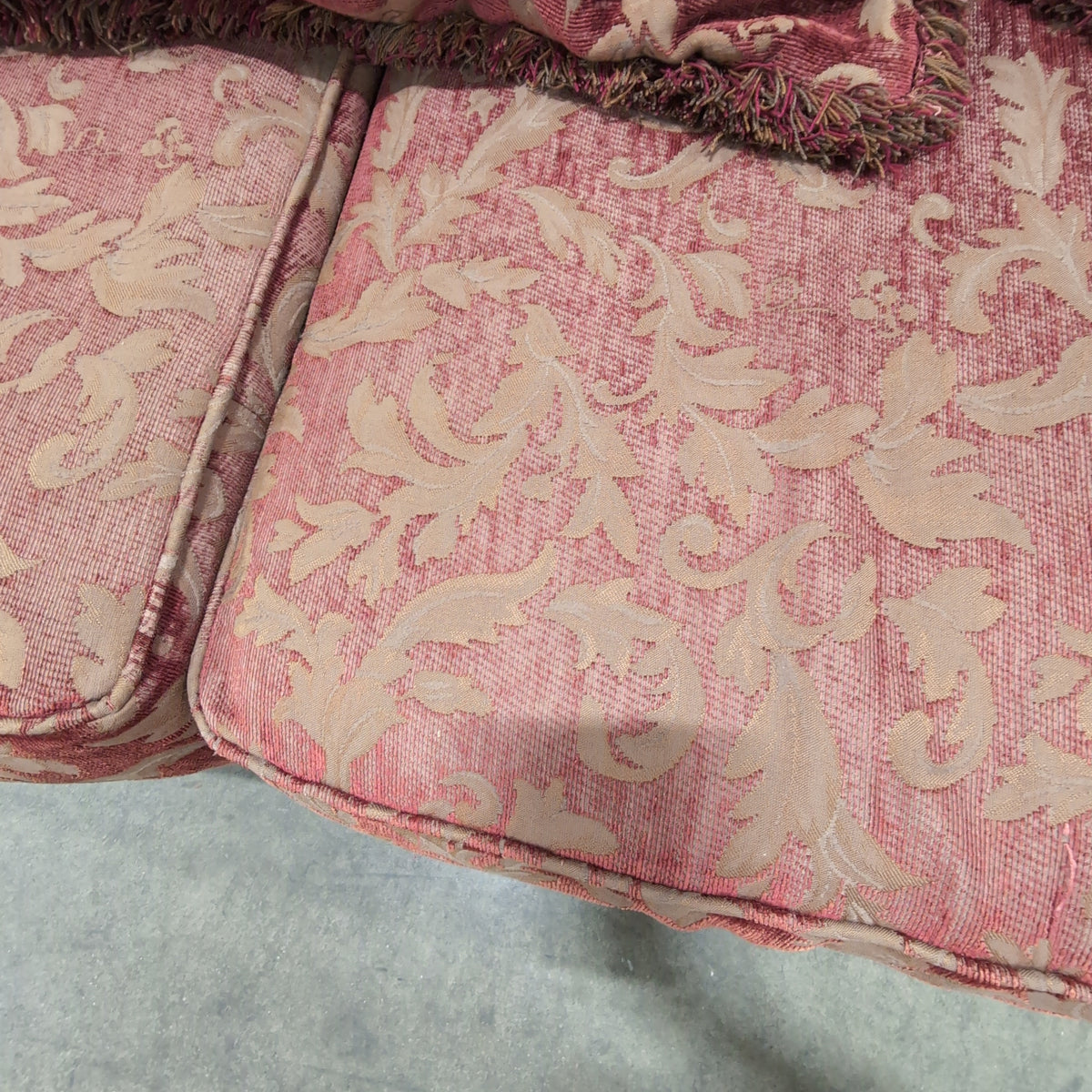 Ornate Red and Gold Damask Loveseat with Carved Wood