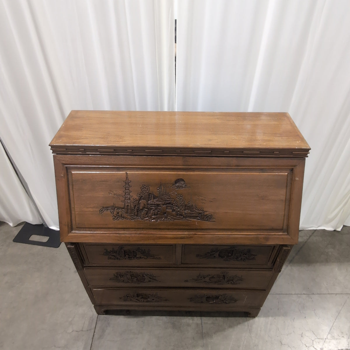 Carved Asian-Inspired Drop-Front Wood Desk