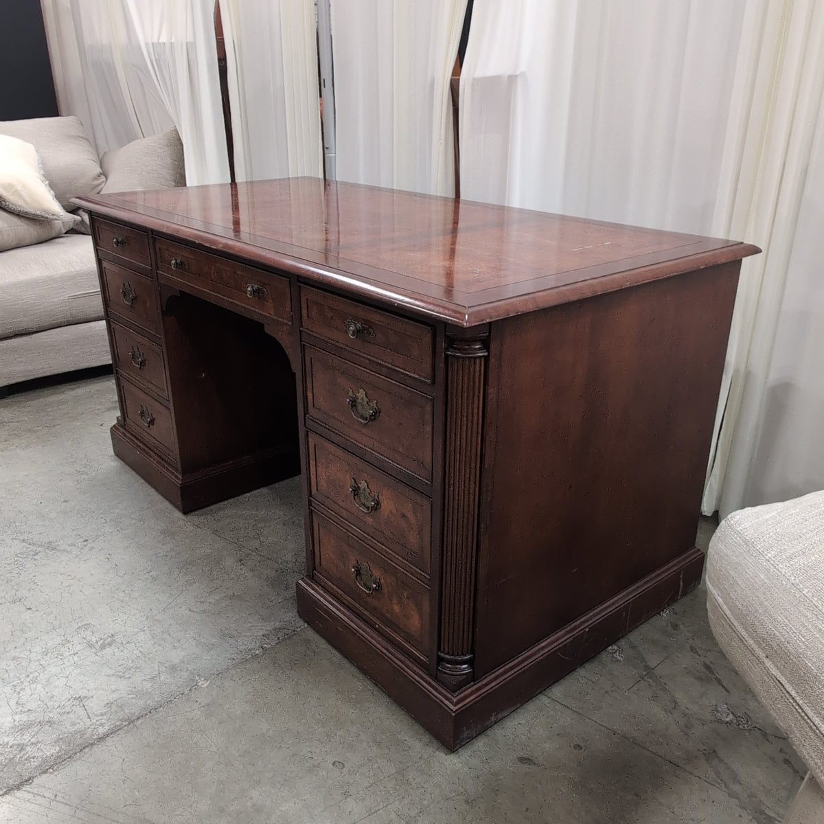 Traditional Mahogany Burl Top Executive Desk