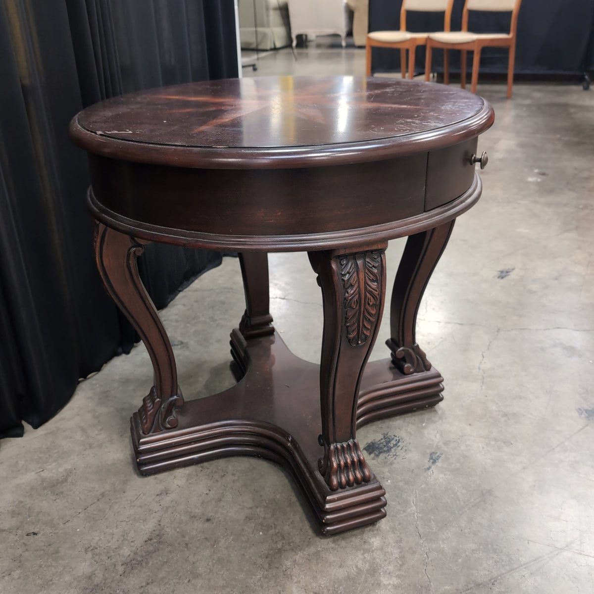 Dark Wood Round End Table with Starburst Inlay