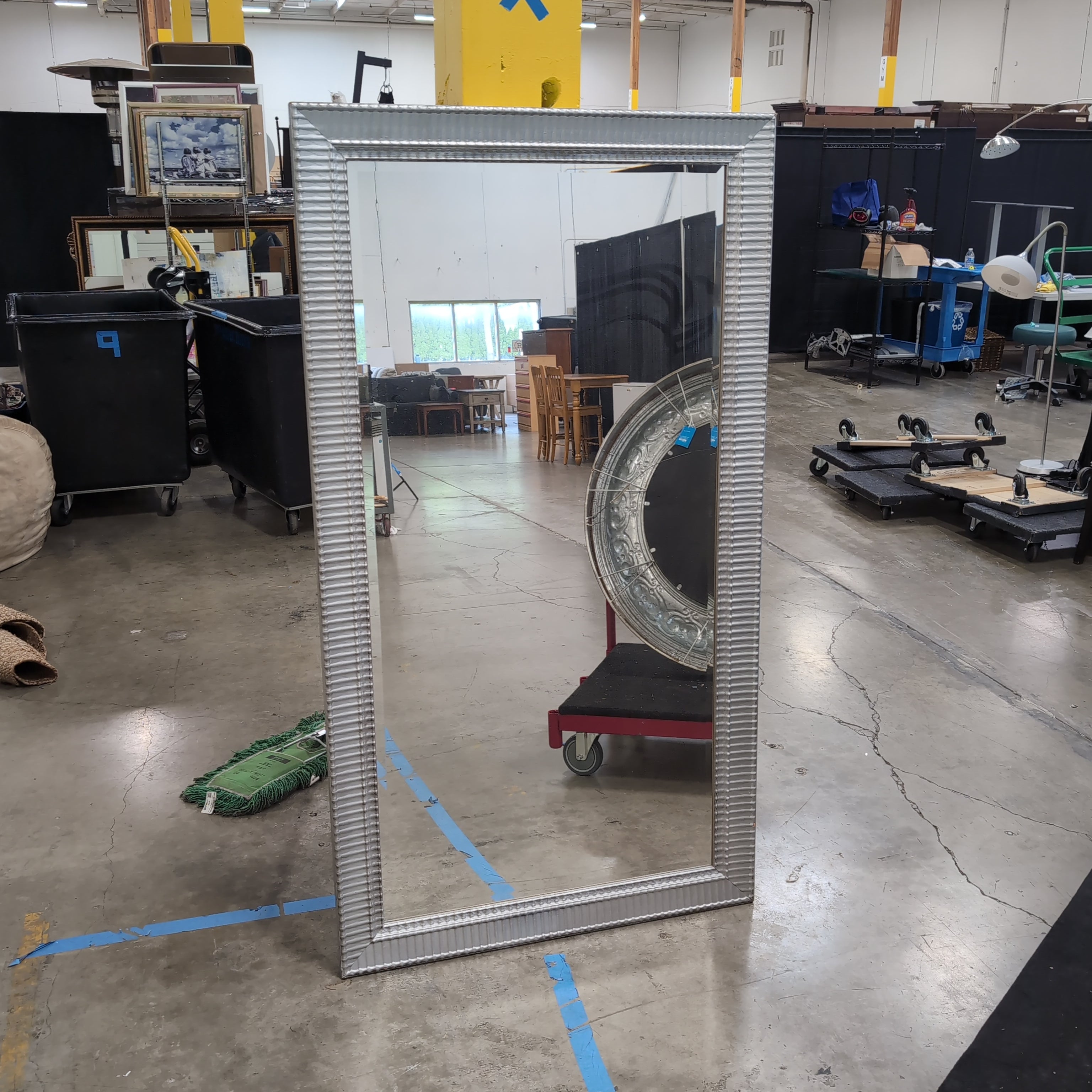 Silver-Toned Full-Length Mirror with Ribbed Frame