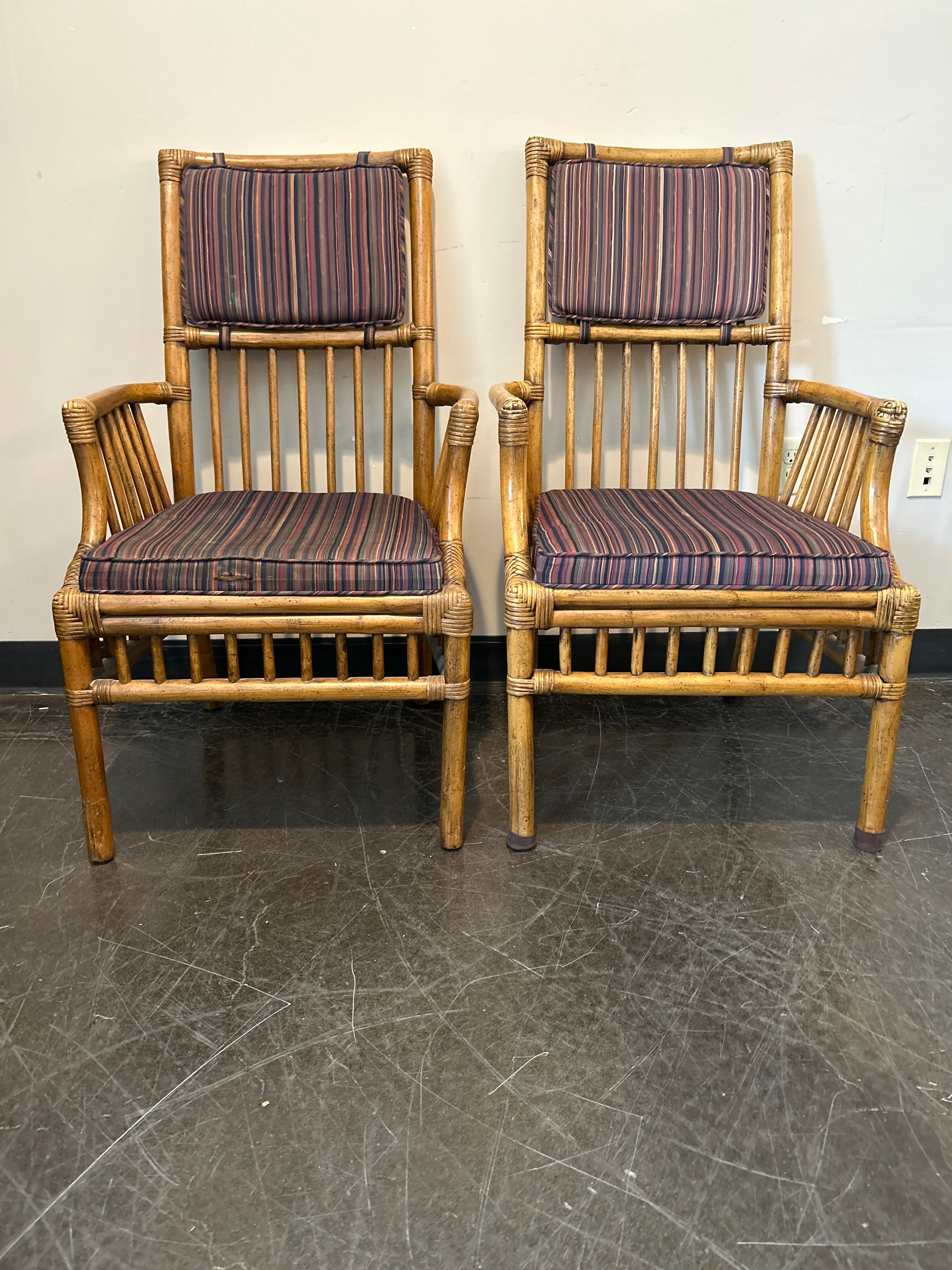 Henredon Bamboo Rattan Captain’s Chair Set – Striped Cushion, with Arms