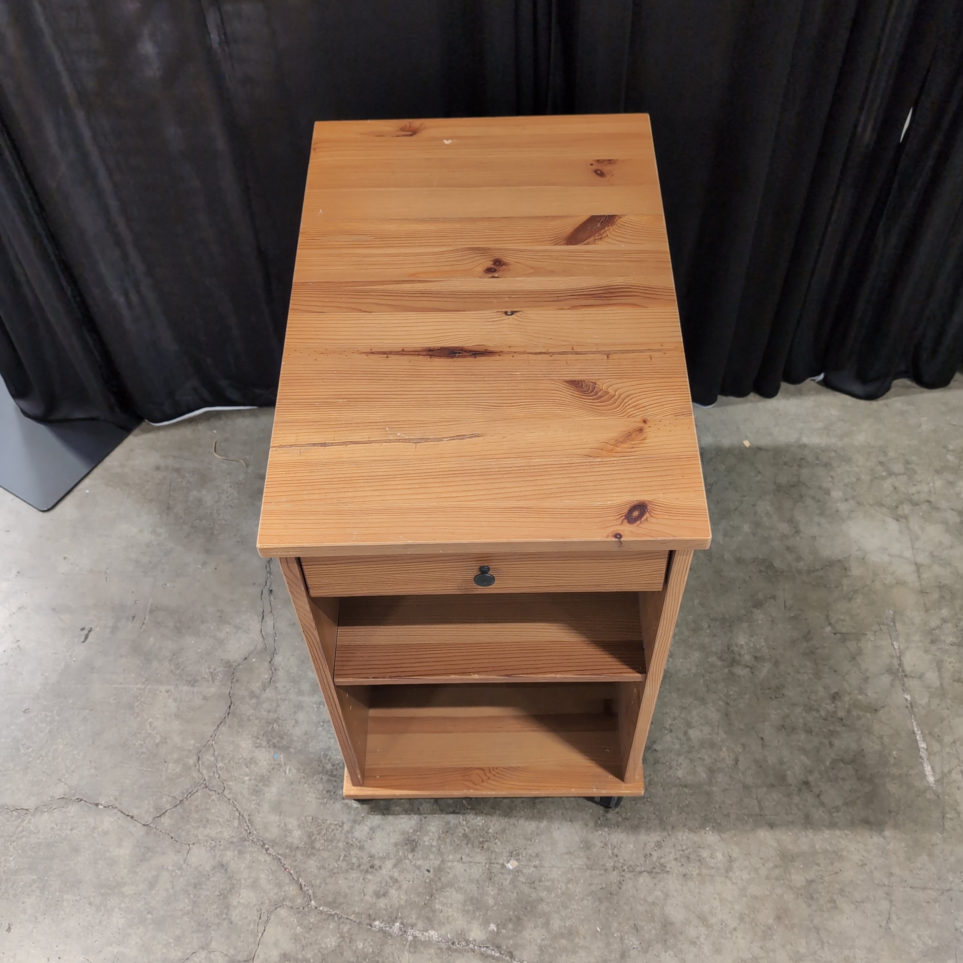 Pine Wood Nightstand with Open Shelves and Casters