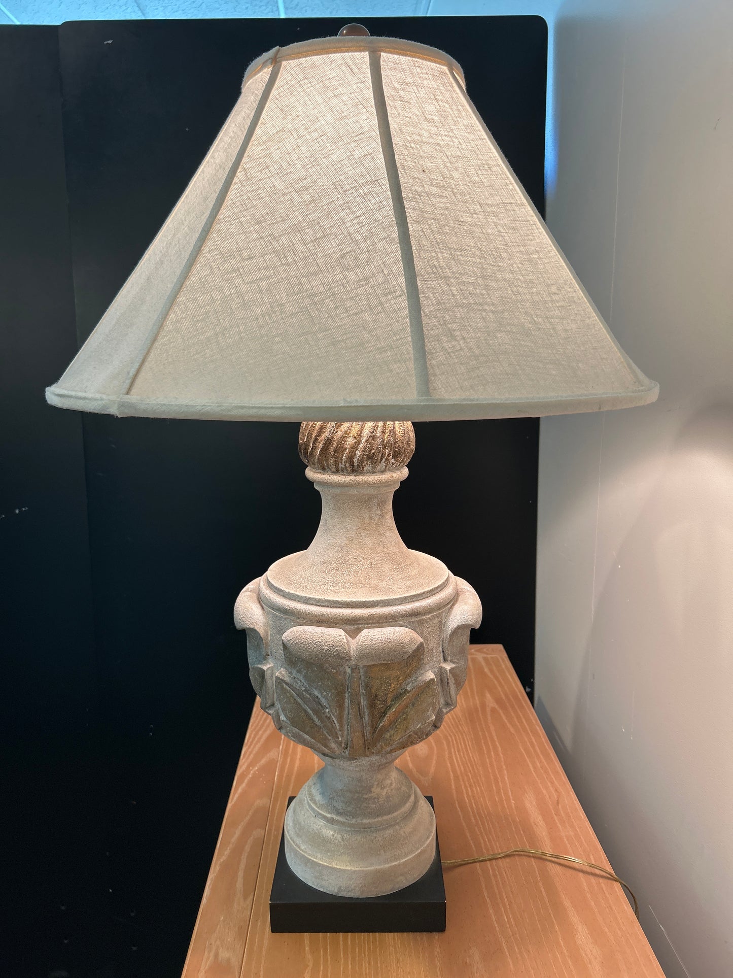 Stone-Style Urn Table Lamp with Off-White Shade