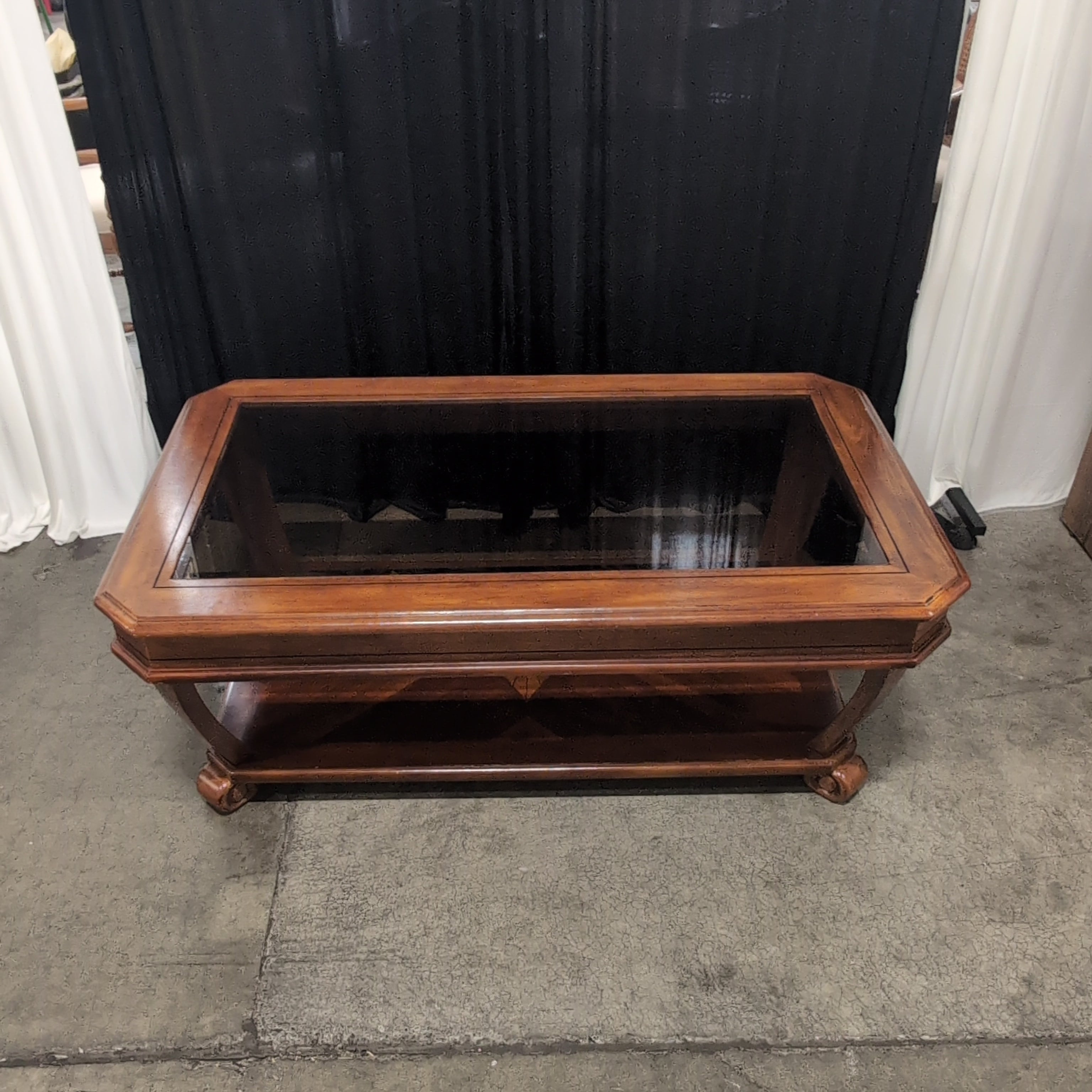 Traditional Reddish-Brown Wood Coffee Table with Glass Top