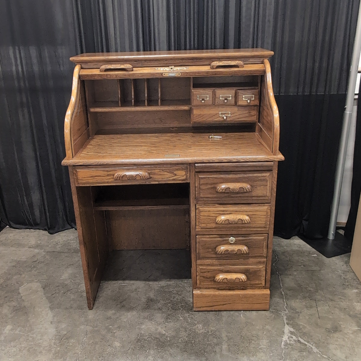 Traditional Oak Roll-Top Desk with Carved Pulls