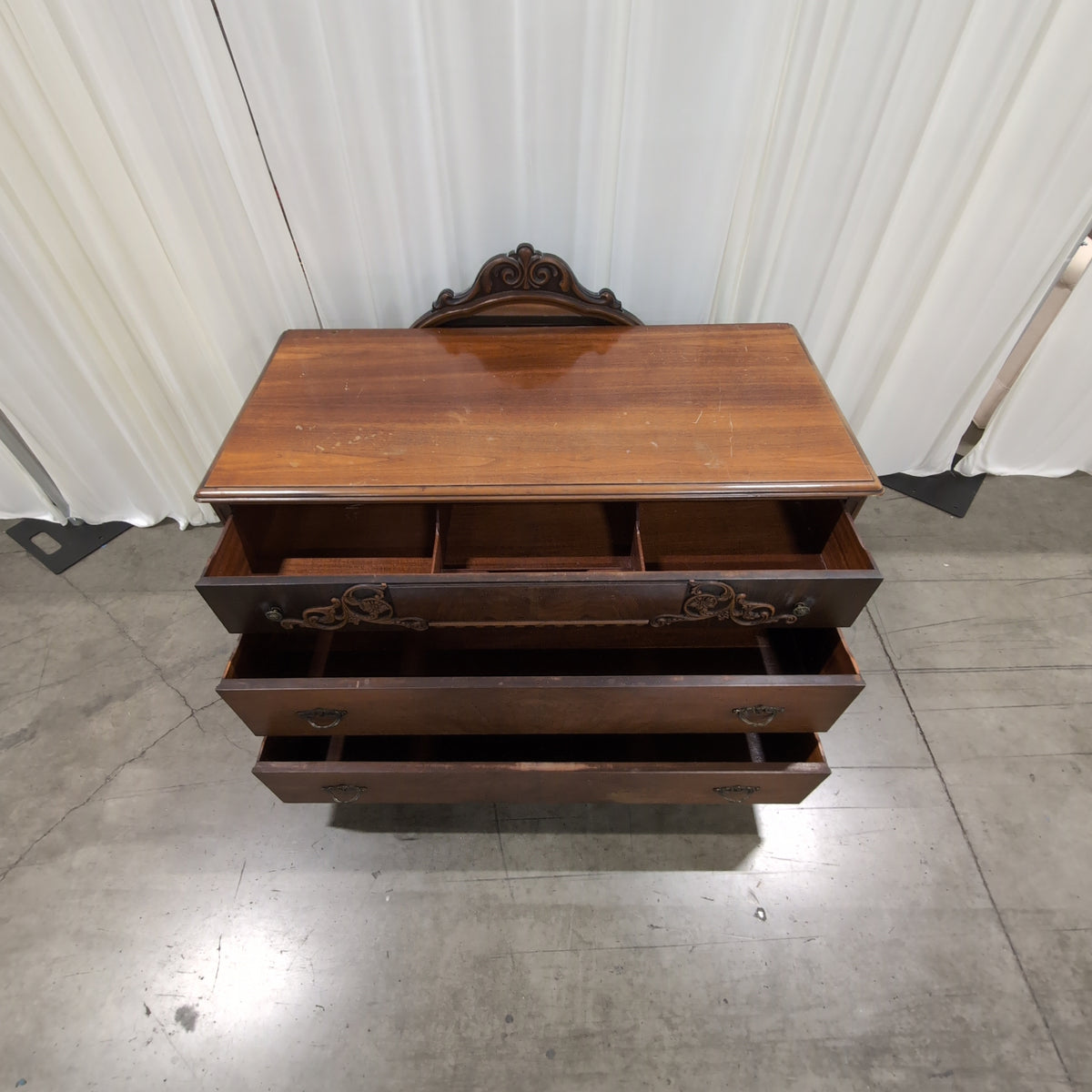 Vintage Brown Wood Three-Drawer Dresser with Carved Details