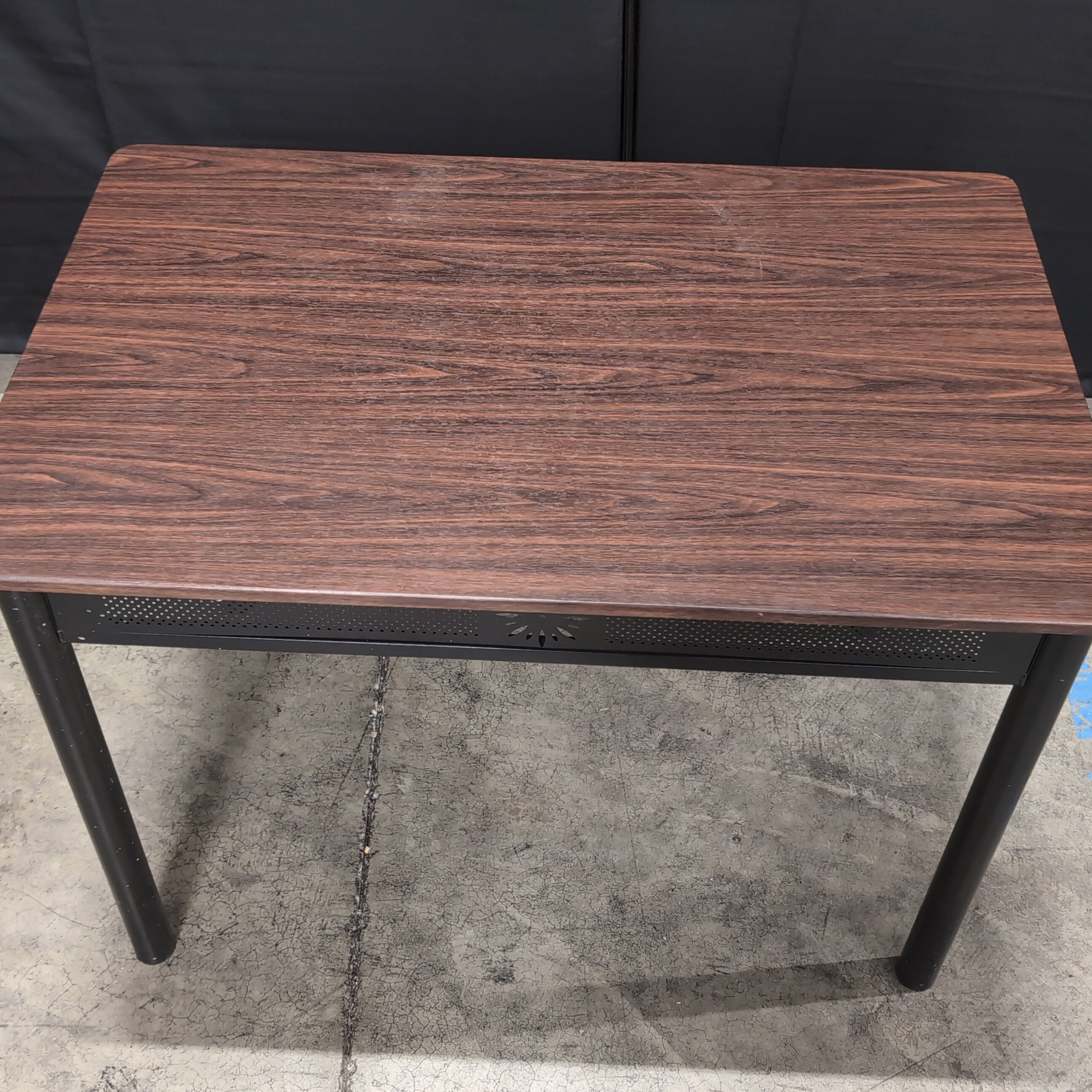 Brown Wood-Grain Top Desk with Perforated Metal Panel
