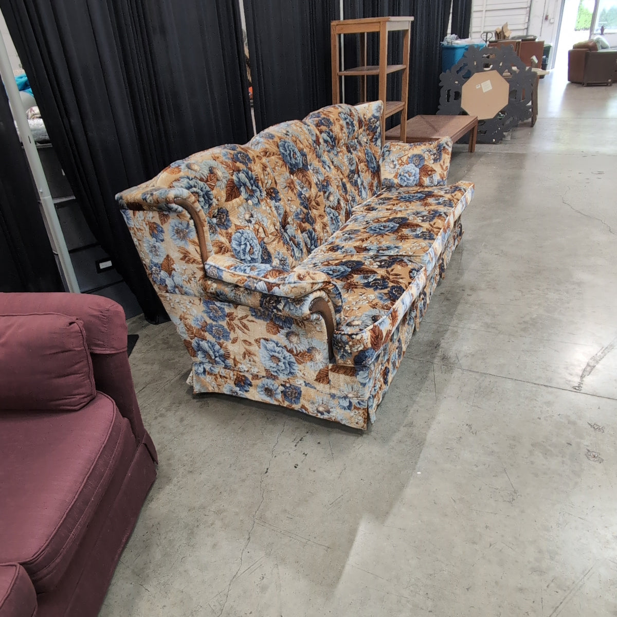Retro Blue and Orange Floral Three-Seat Couch