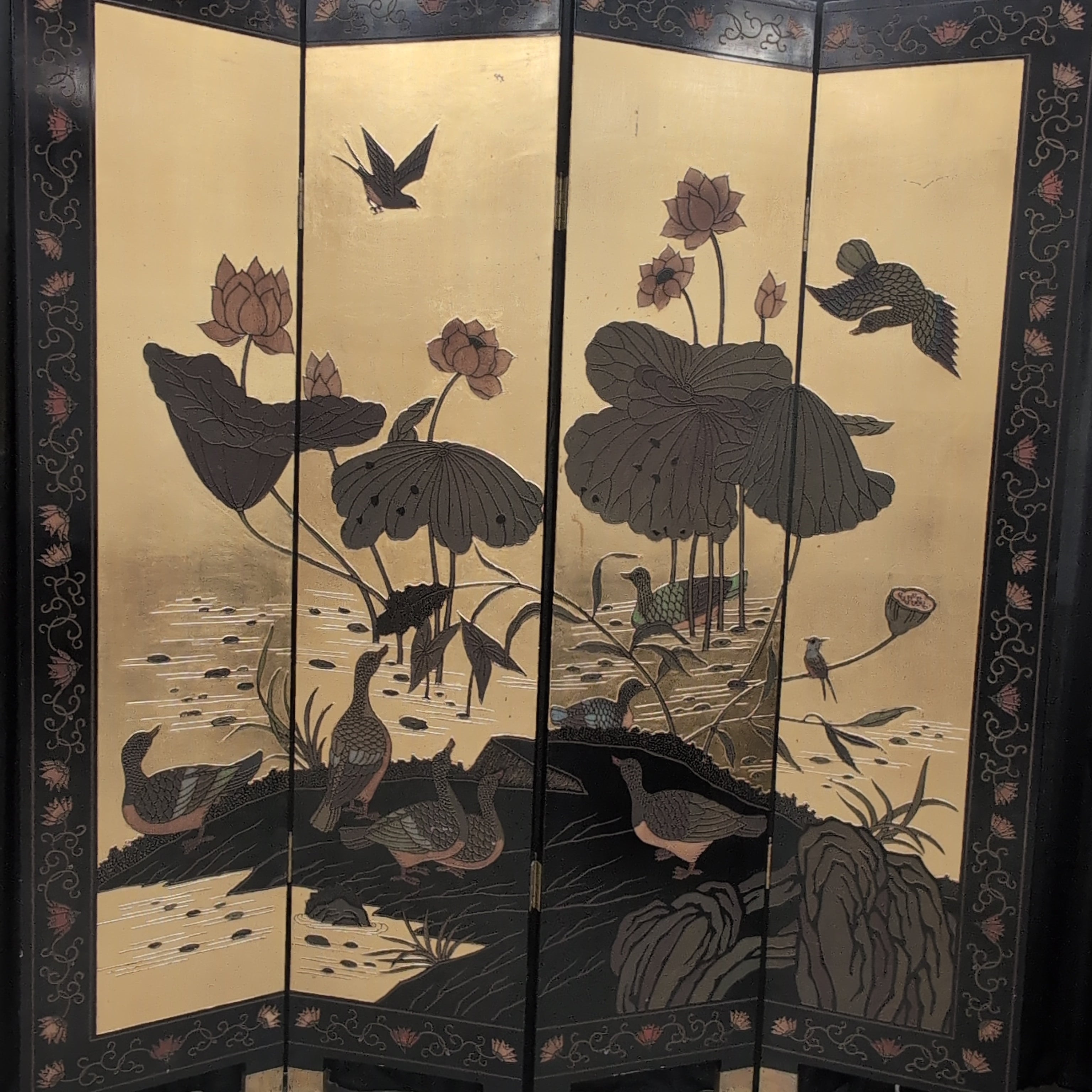 Asian Style Folding Room Divider with Brass Hinges