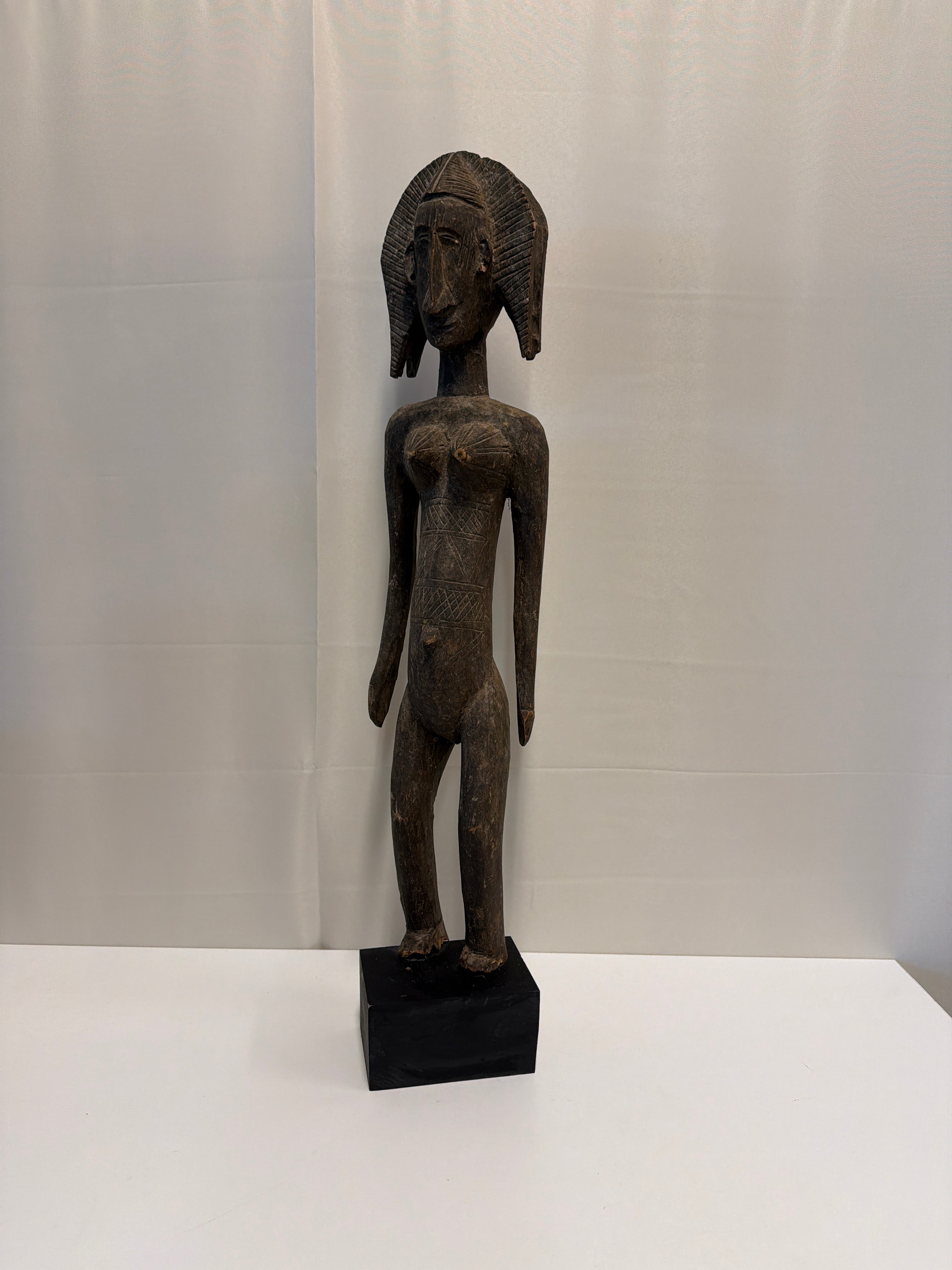 Hand Carved African Tall Bambara Standing Wooden Female Figure Sculpture