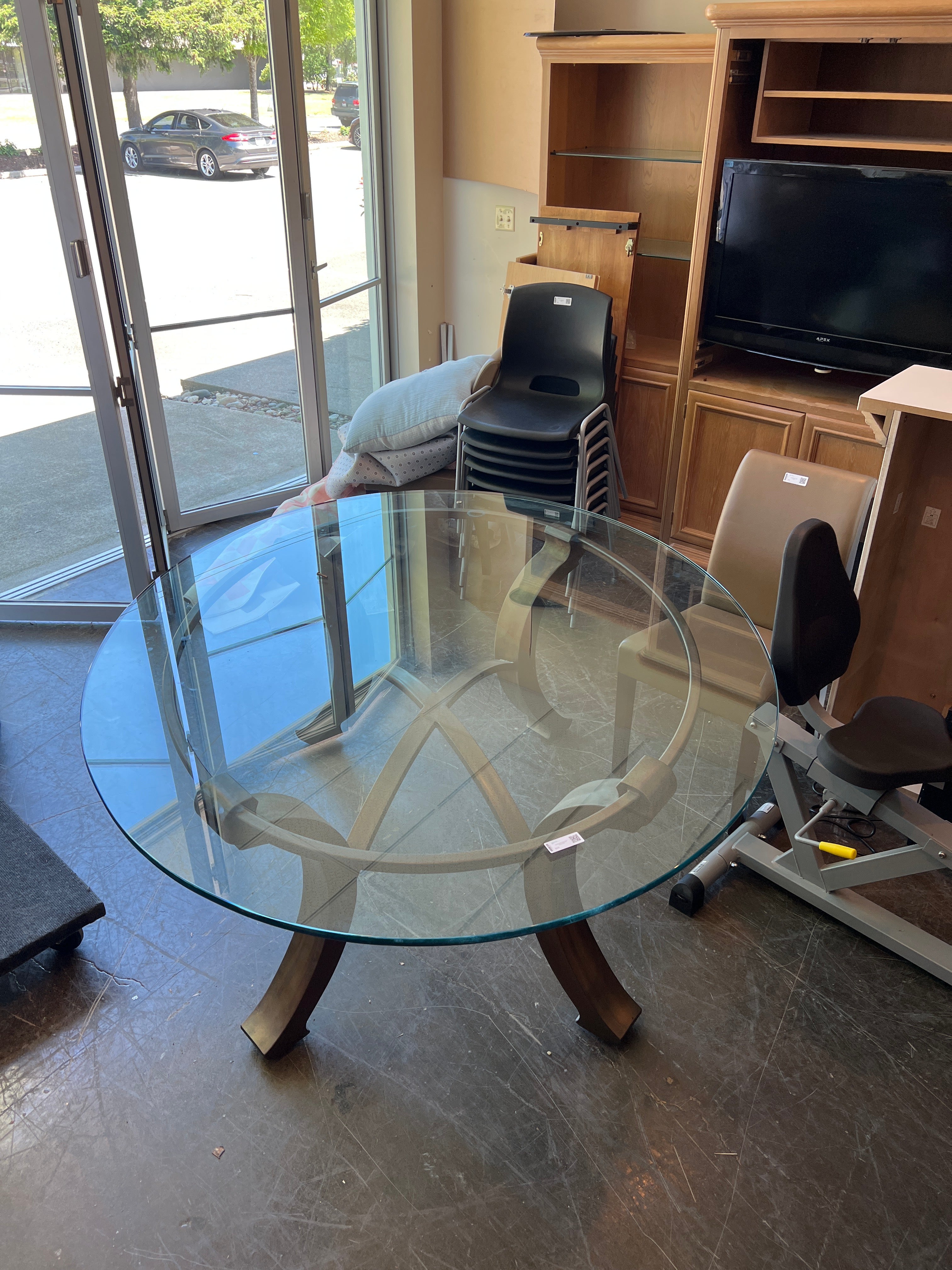 Curved Metal Base Glass Dining Table