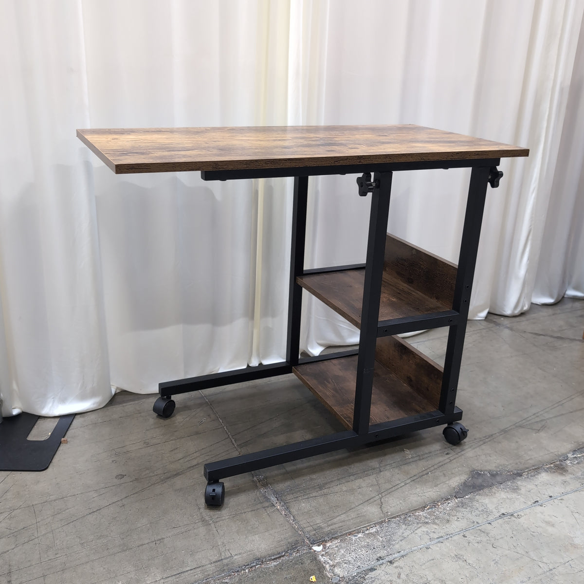 Two-Tier Dark Wood and Metal End Table with Wheels