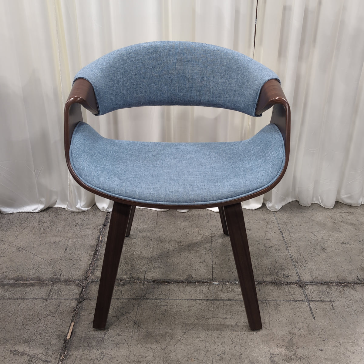Light Grey Upholstered Modern Chair with Curved Wood Arms