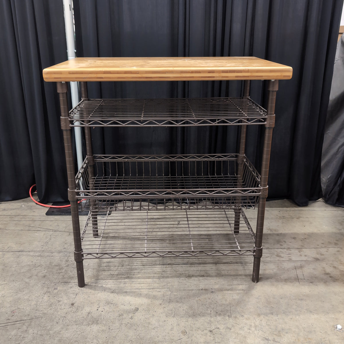 Light Wood Top Dark Metal Kitchen Cart with Wire Shelves