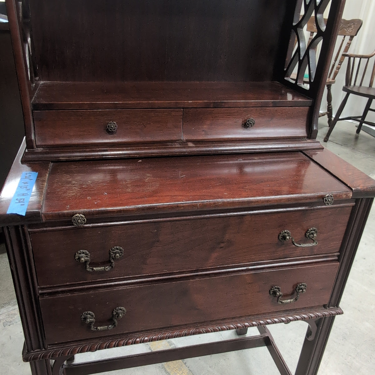 Traditional Dark Wood Drop-Front Desk with Fretwork Hutch
