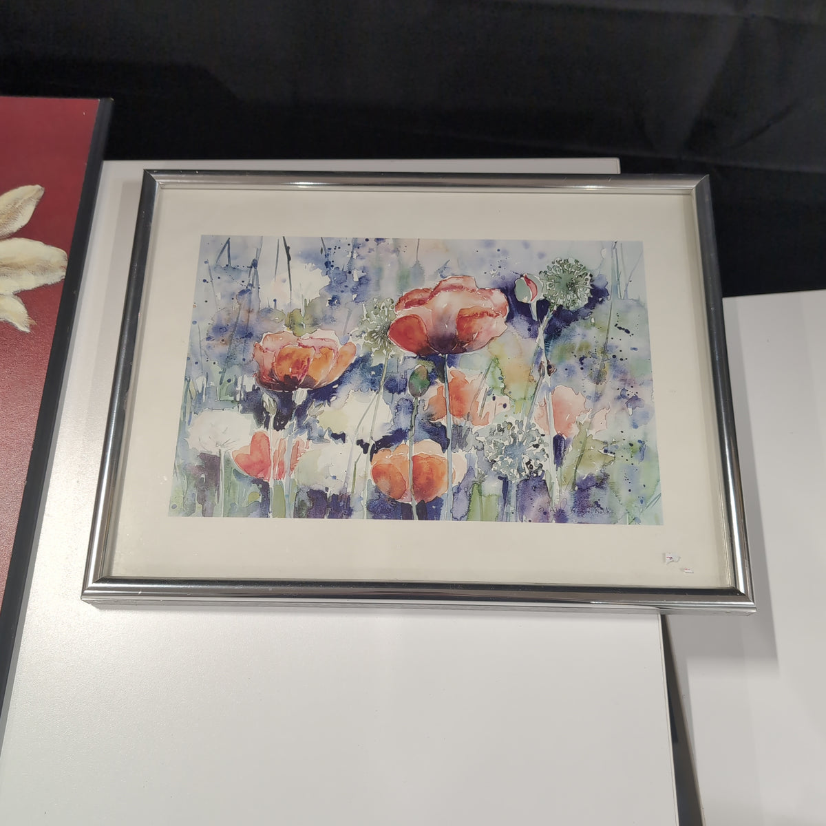 Floral Poppies Watercolor Painting in Silver Frame