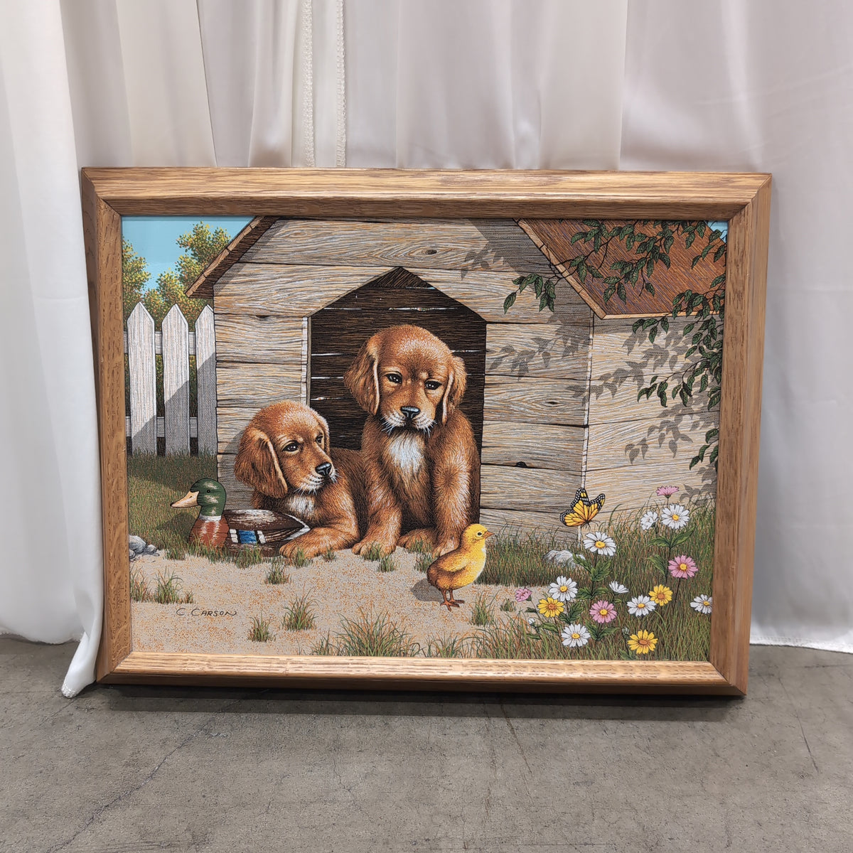 C. Carson Puppy Doghouse Scene Framed Picture in Wood