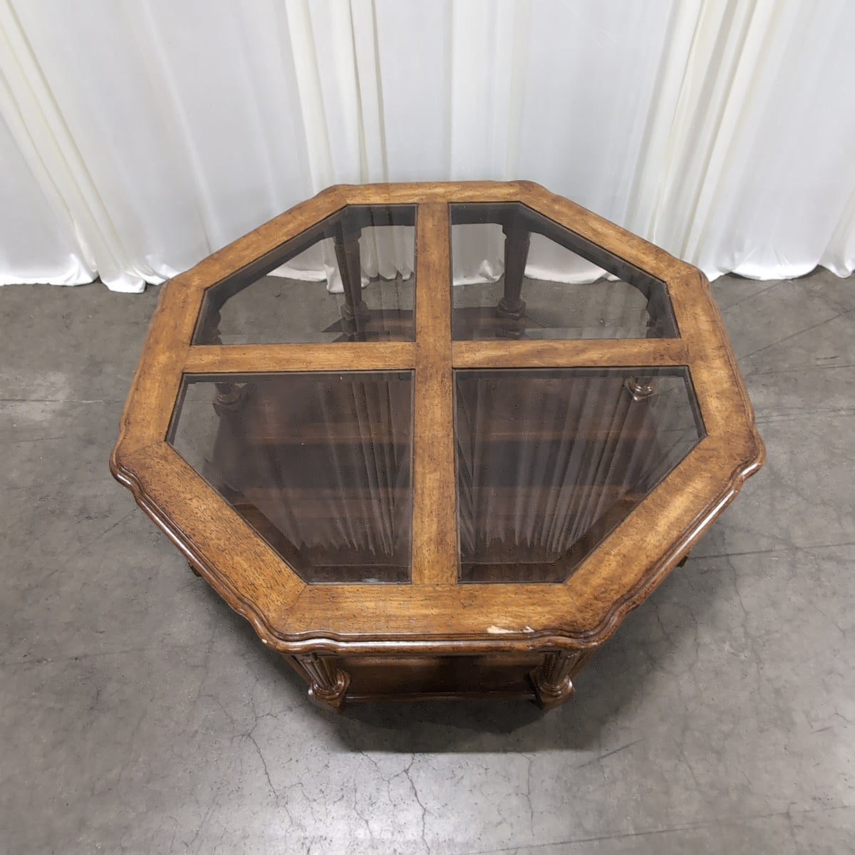 Traditional Octagonal Wood Coffee Table with Glass Top