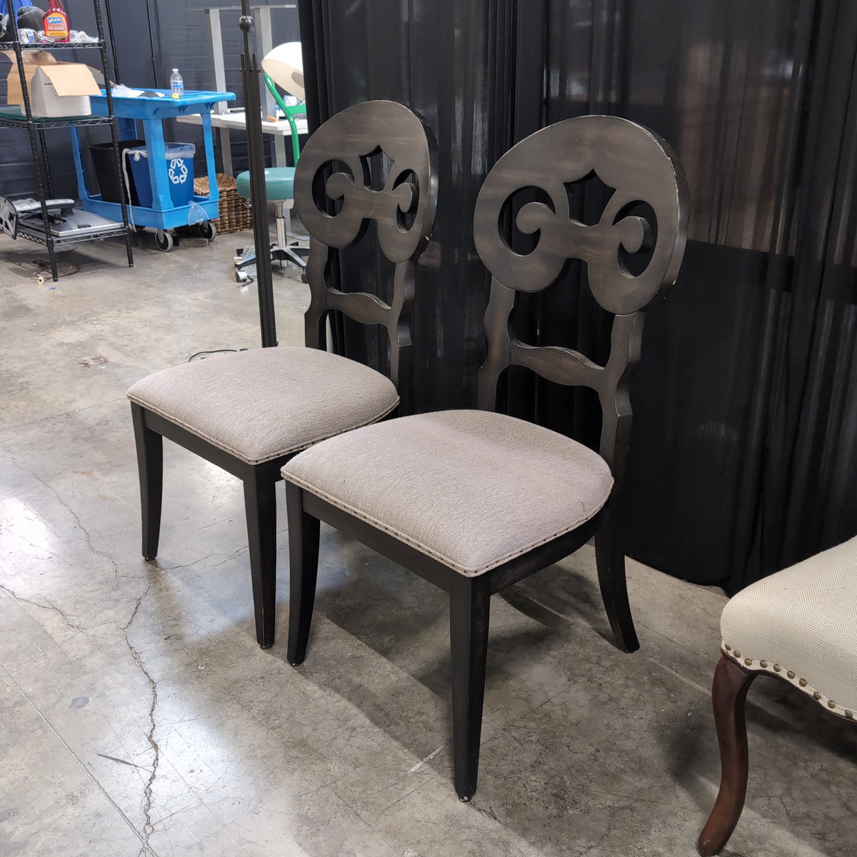 Pair of Dark Wood Ornate Back Dining Chairs with Upholstered Seats