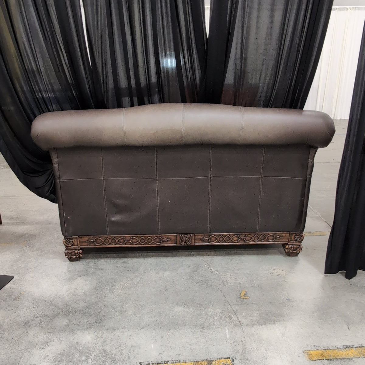 Dark Brown Leatherette Carved Wood Loveseat
