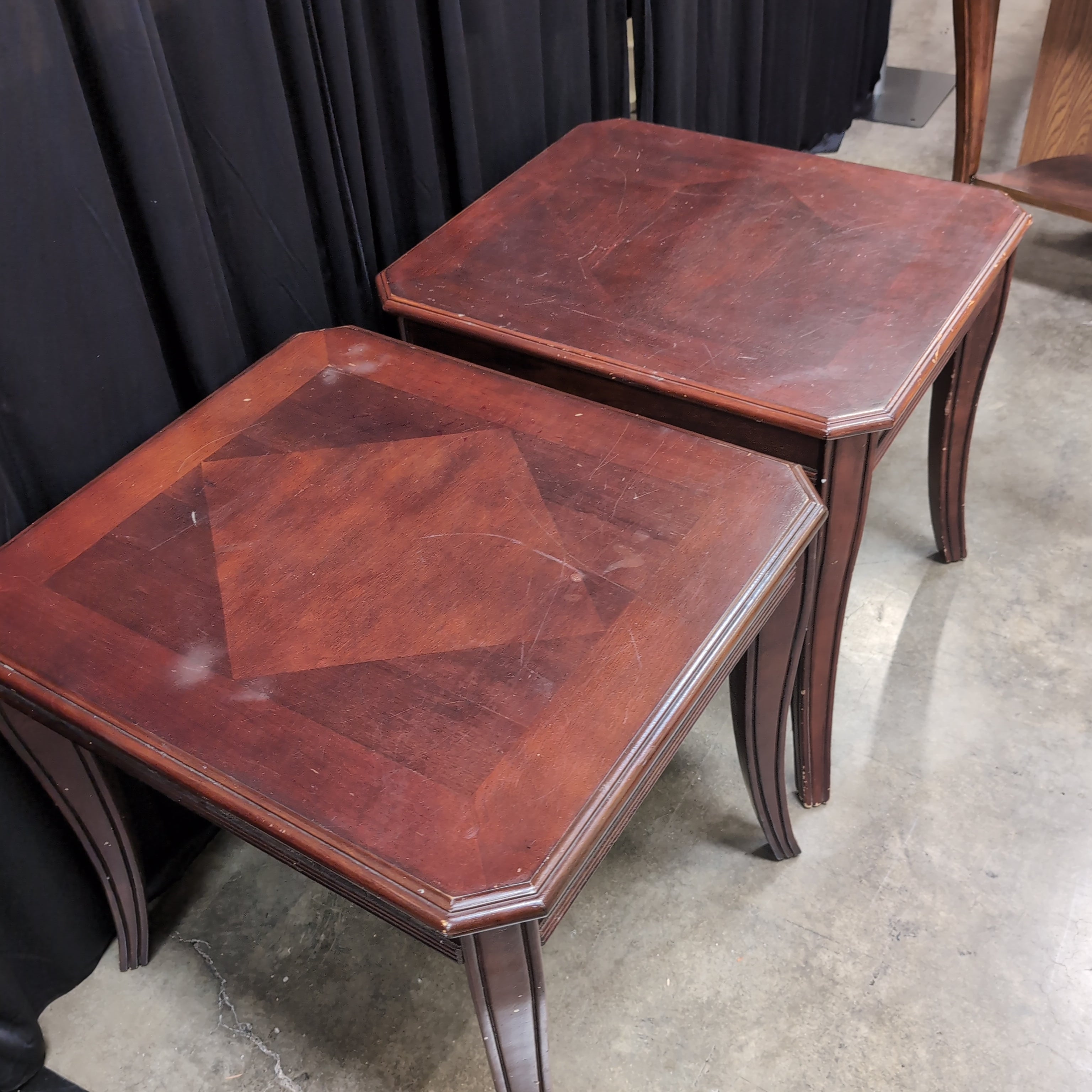Pair of Dark Cherry Wood End Table with Curved Legs