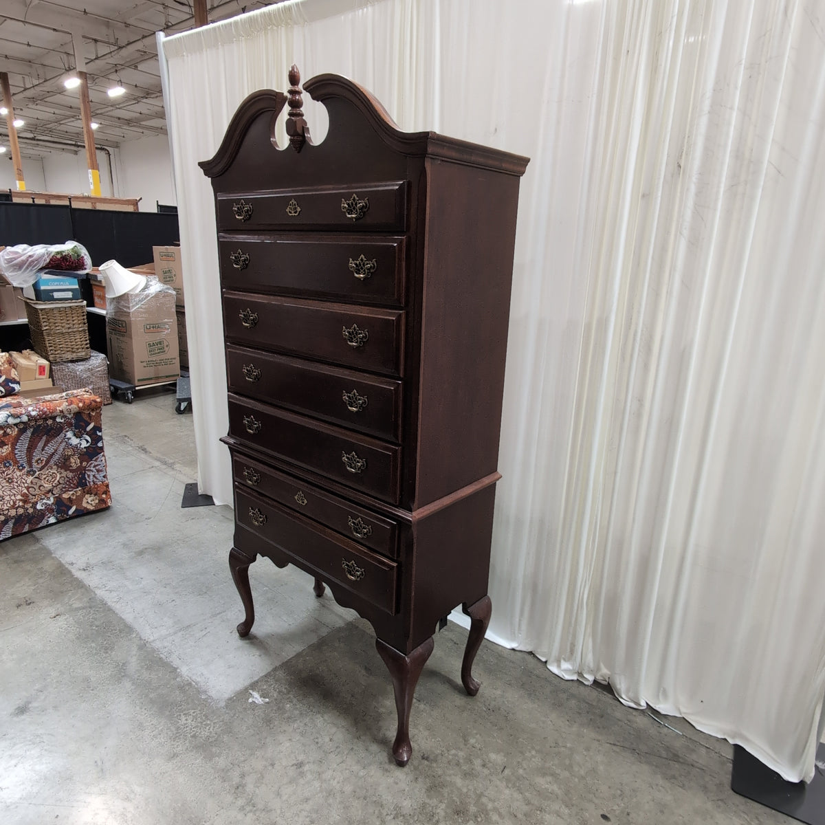 Queen Anne Style Dark Wood Tall Dresser with Cabriole Legs