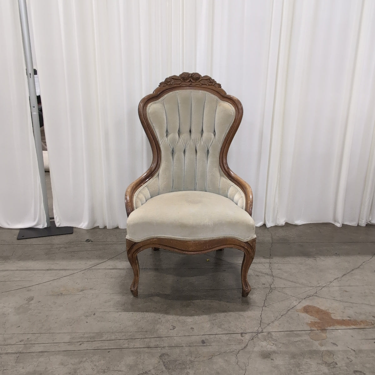 Ornate Carved Wood Accent Chair in Tufted Velvet