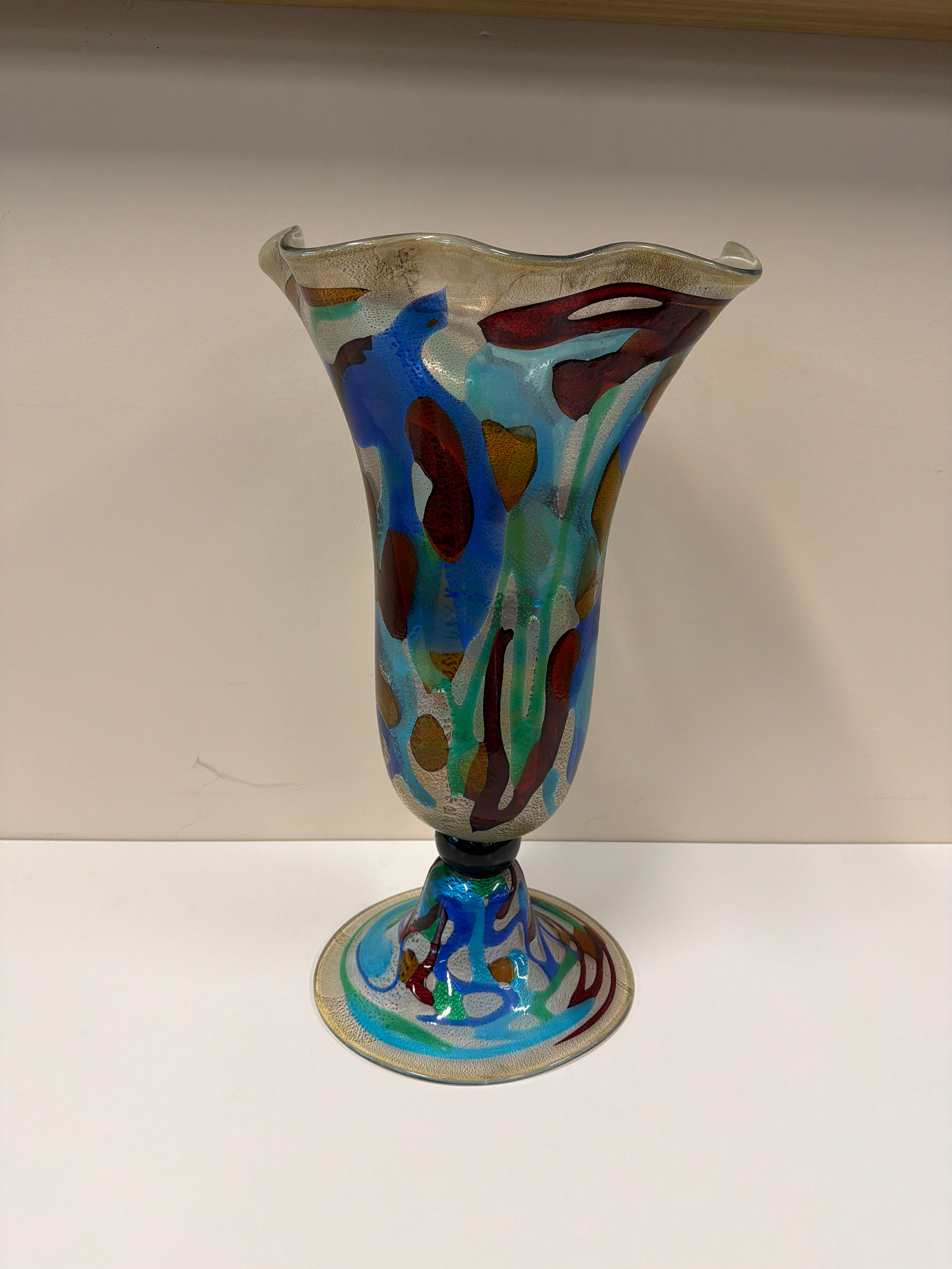 Vibrant Multi-Color Art Glass Pedestal Vase with Flared Rim