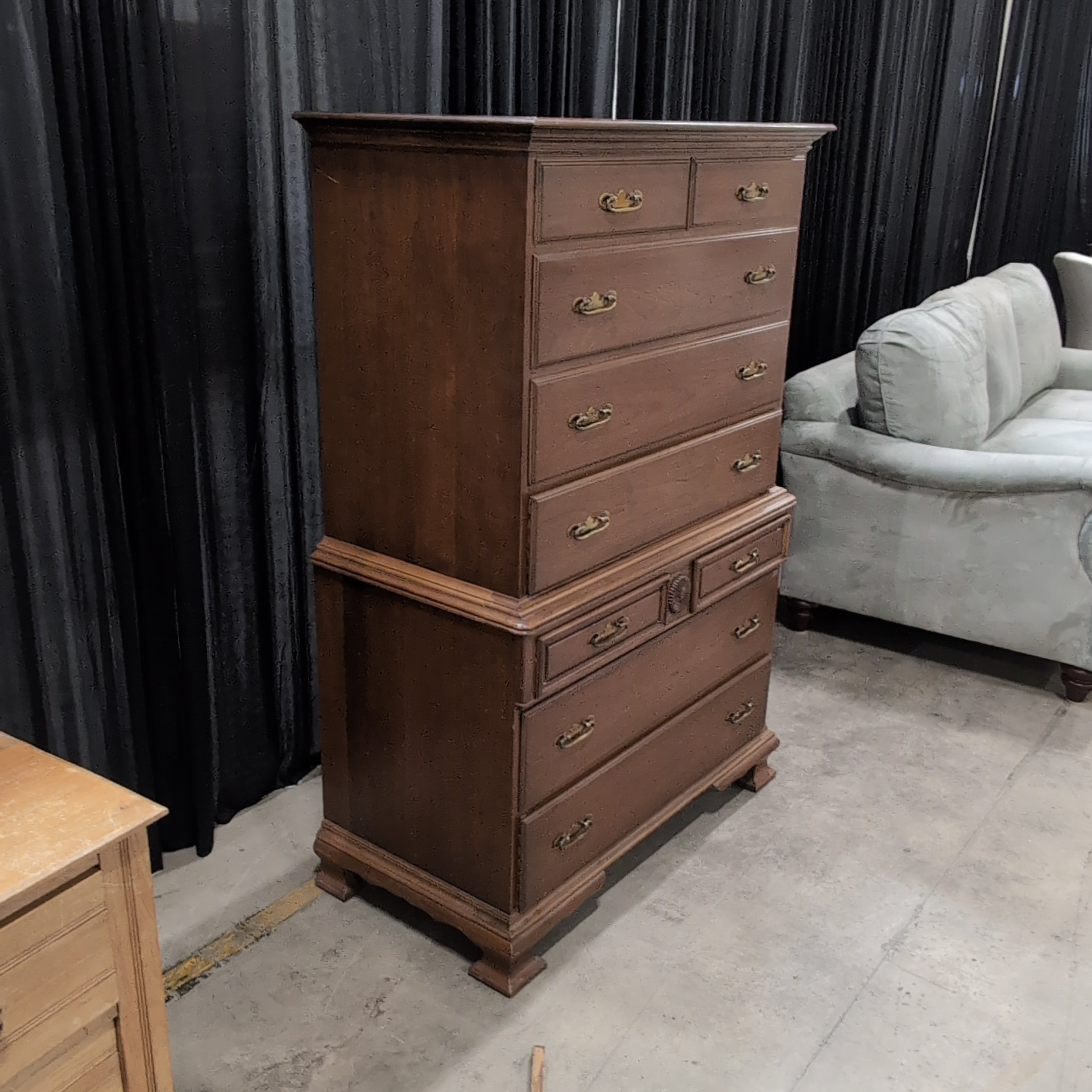 Traditional Cherry Stained Wood Tall Dresser with Ornate Hardware