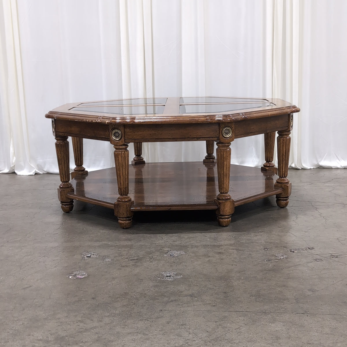 Traditional Octagonal Wood Coffee Table with Glass Top