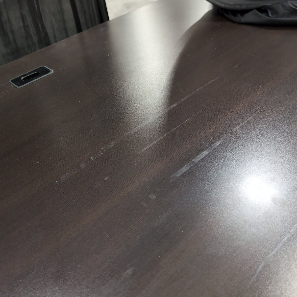 Dark Brown Laminate Office Desk with Grommet Holes