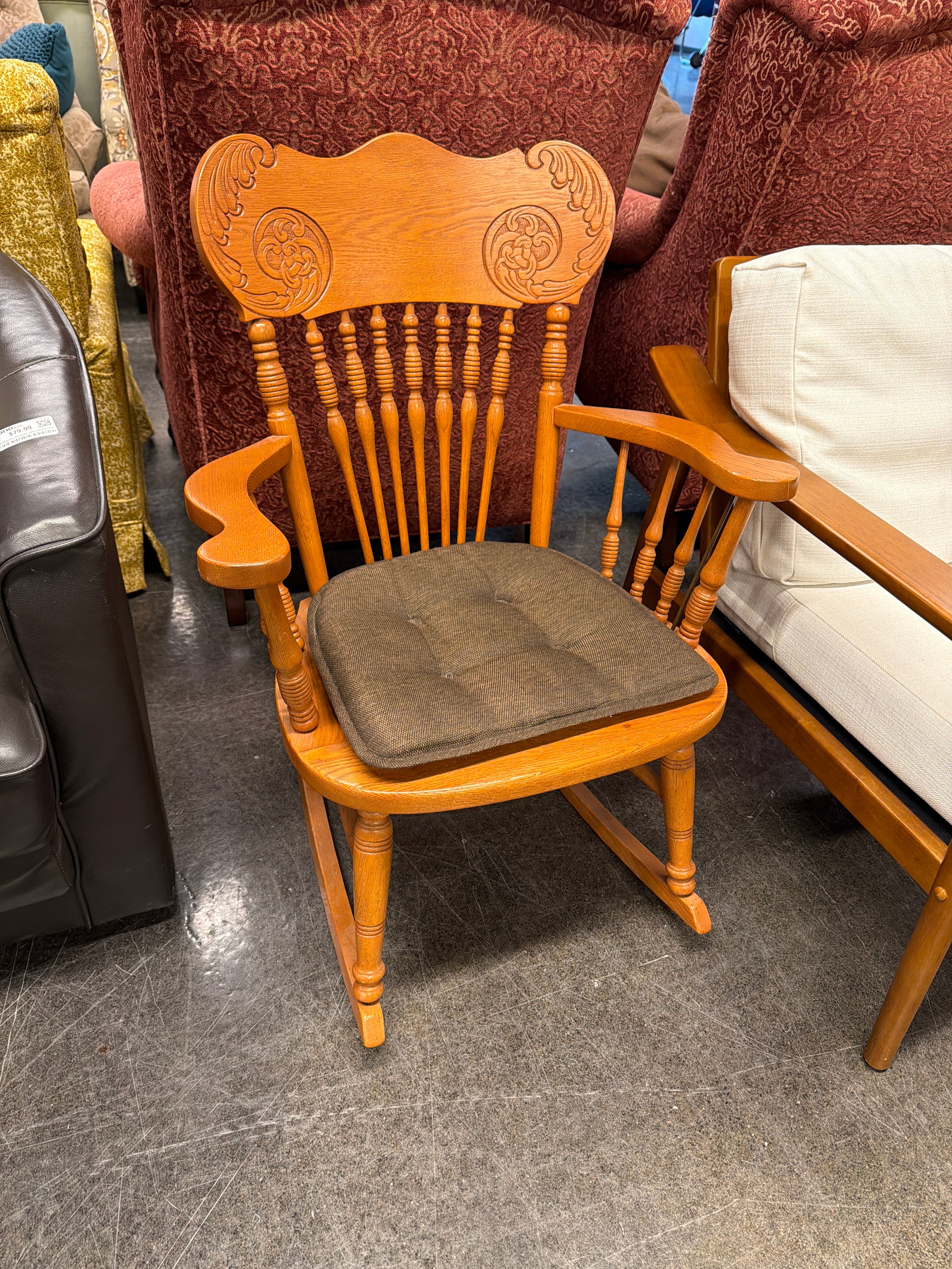 Traditional Carved Wood Rocking Chair with Embossed Seat