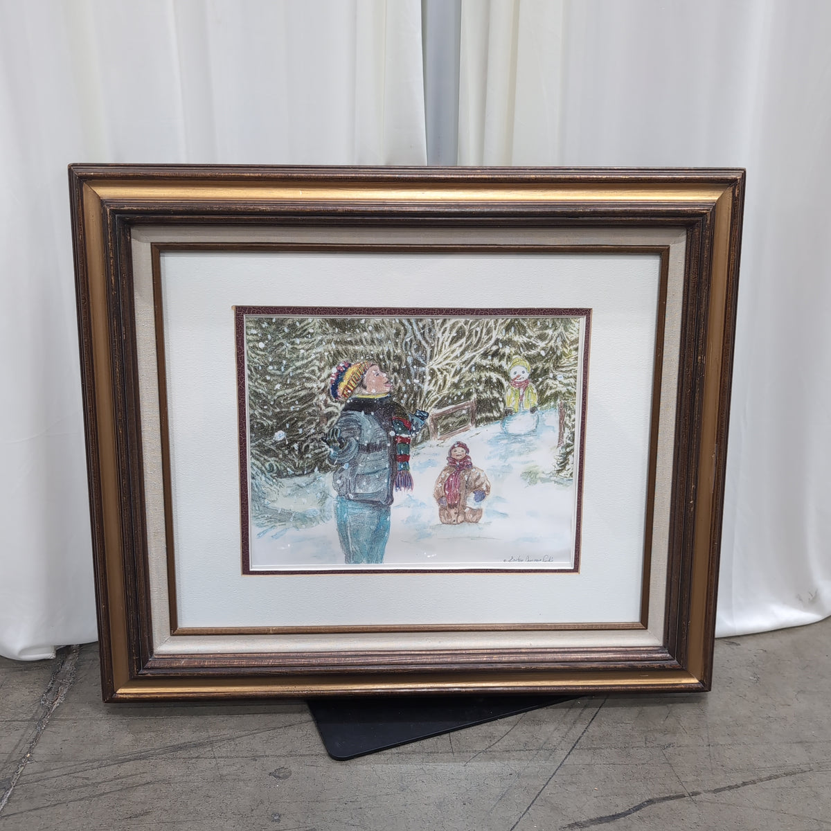 Framed Winter Children Snow Scene Painting