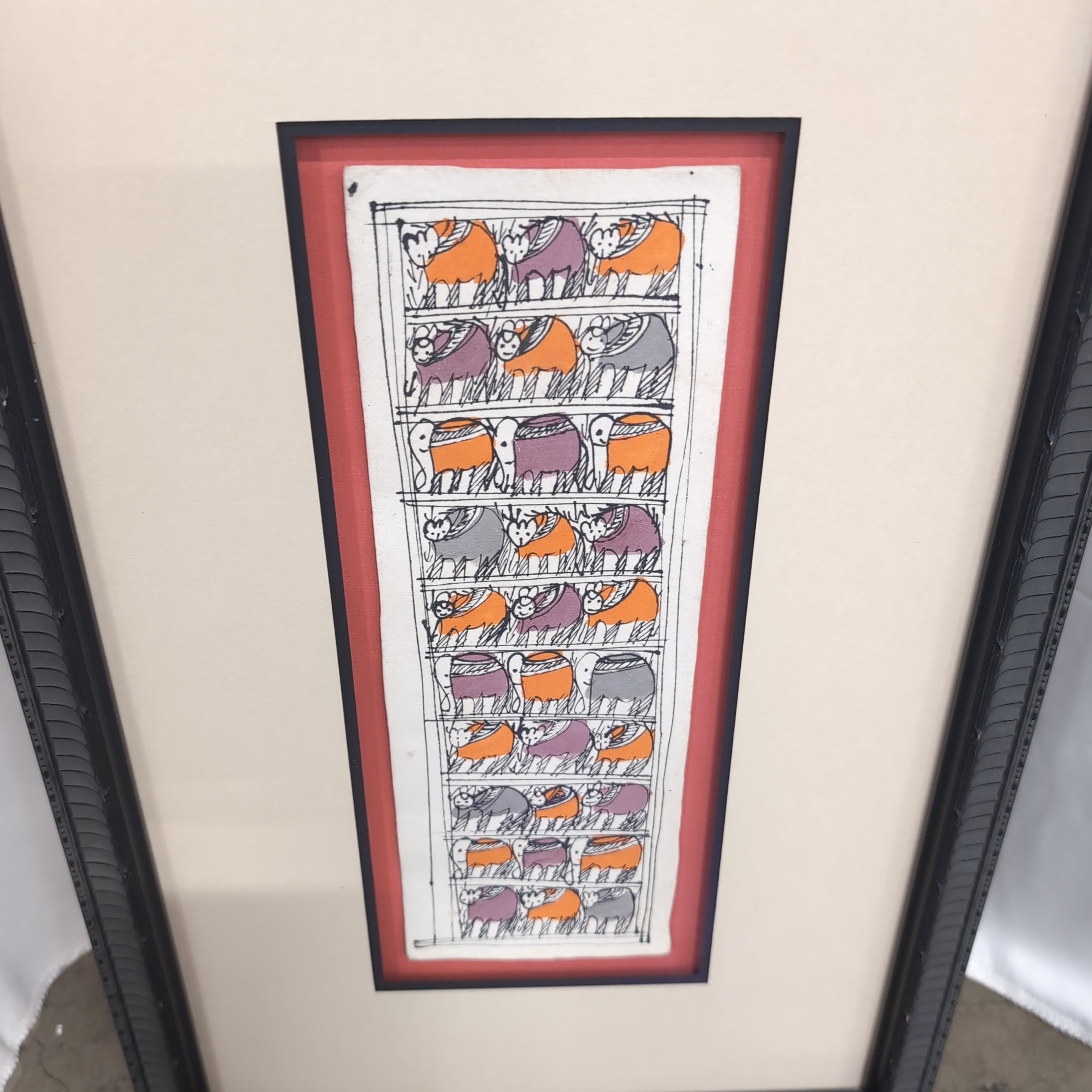 Colorful Elephant Folk Art Painting with Textured Frame