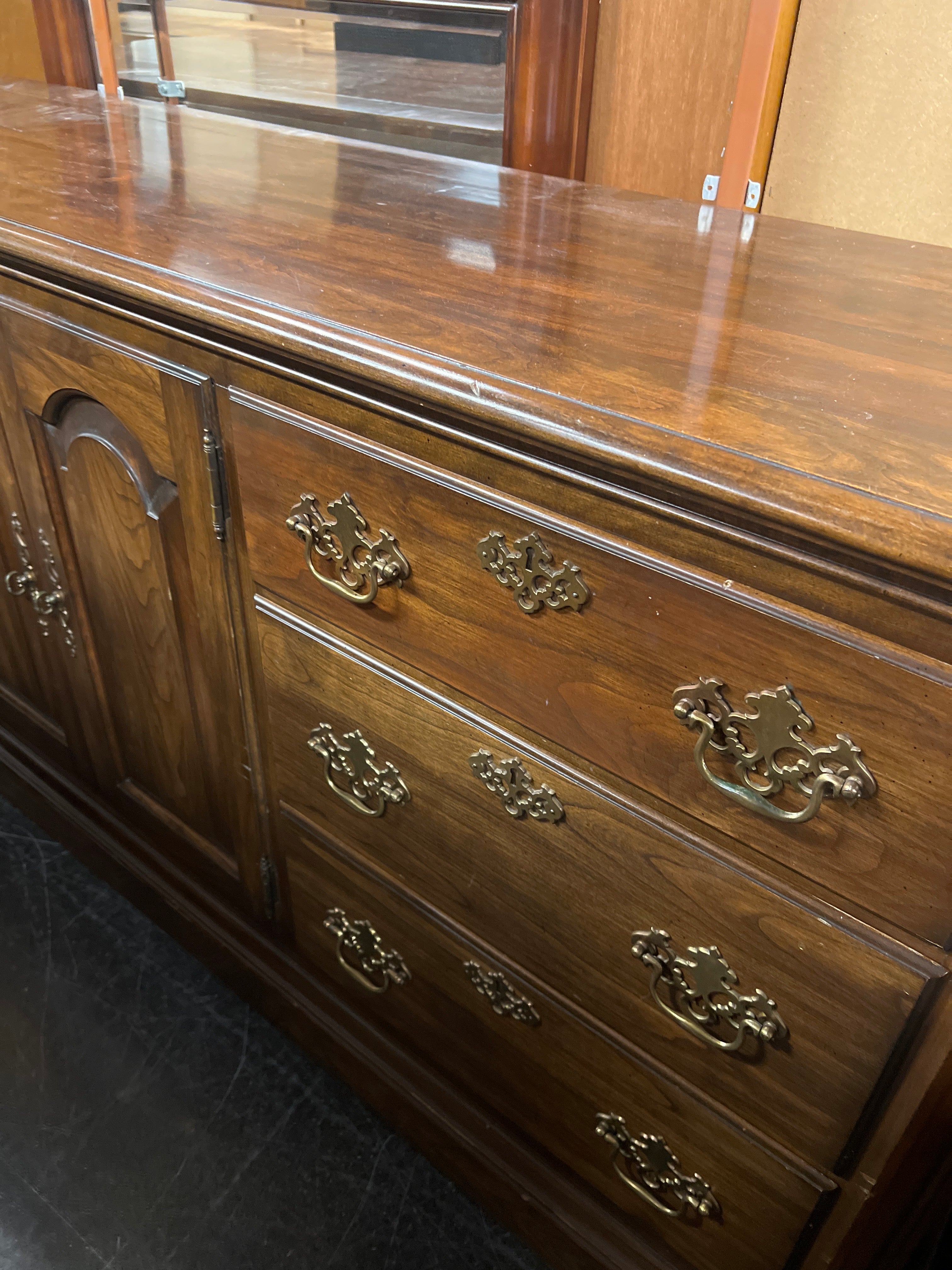 Large Lowboy Dresser with Bronze Pulls and Mirror