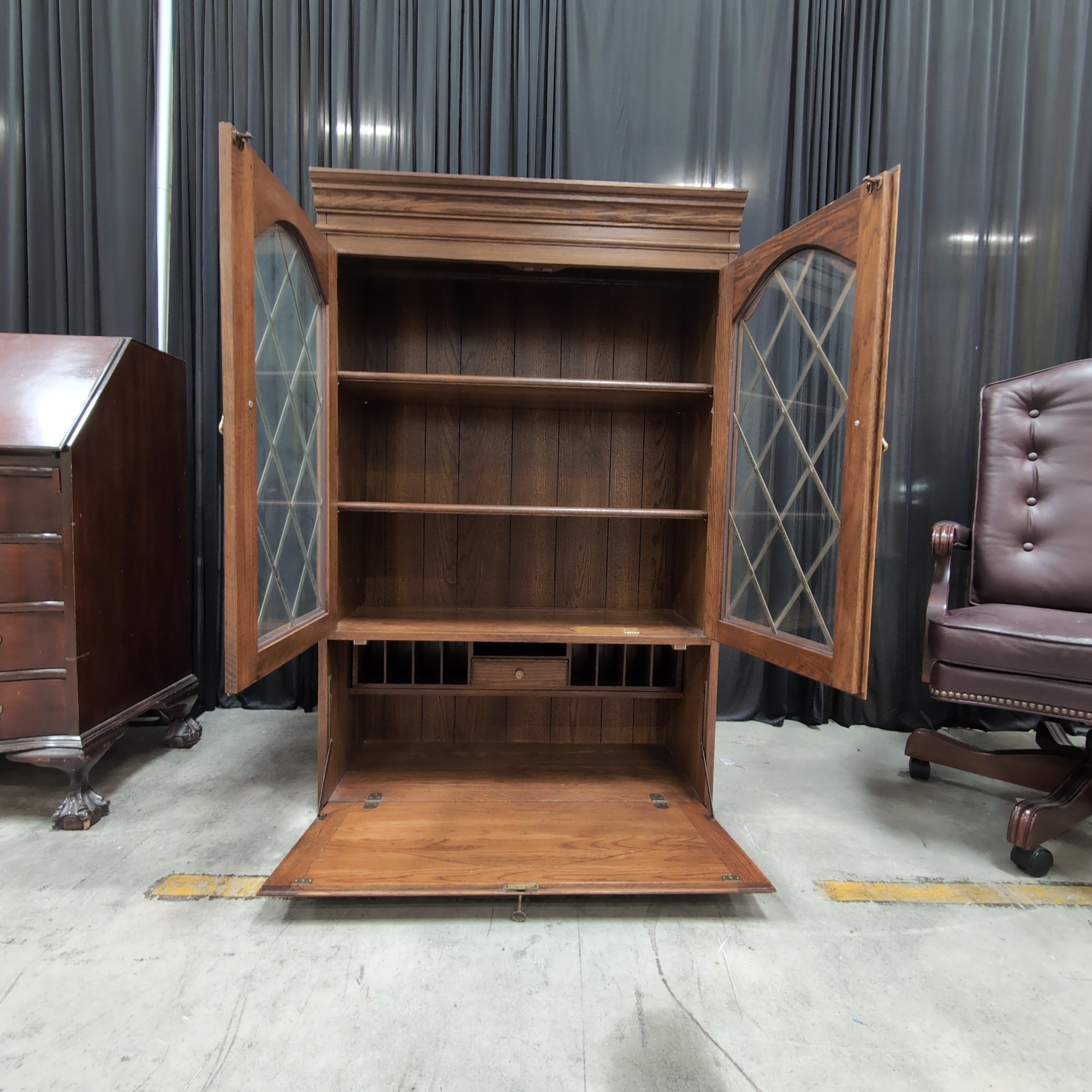 Traditional Brown Wood China Cabinet with Diamond Mullions